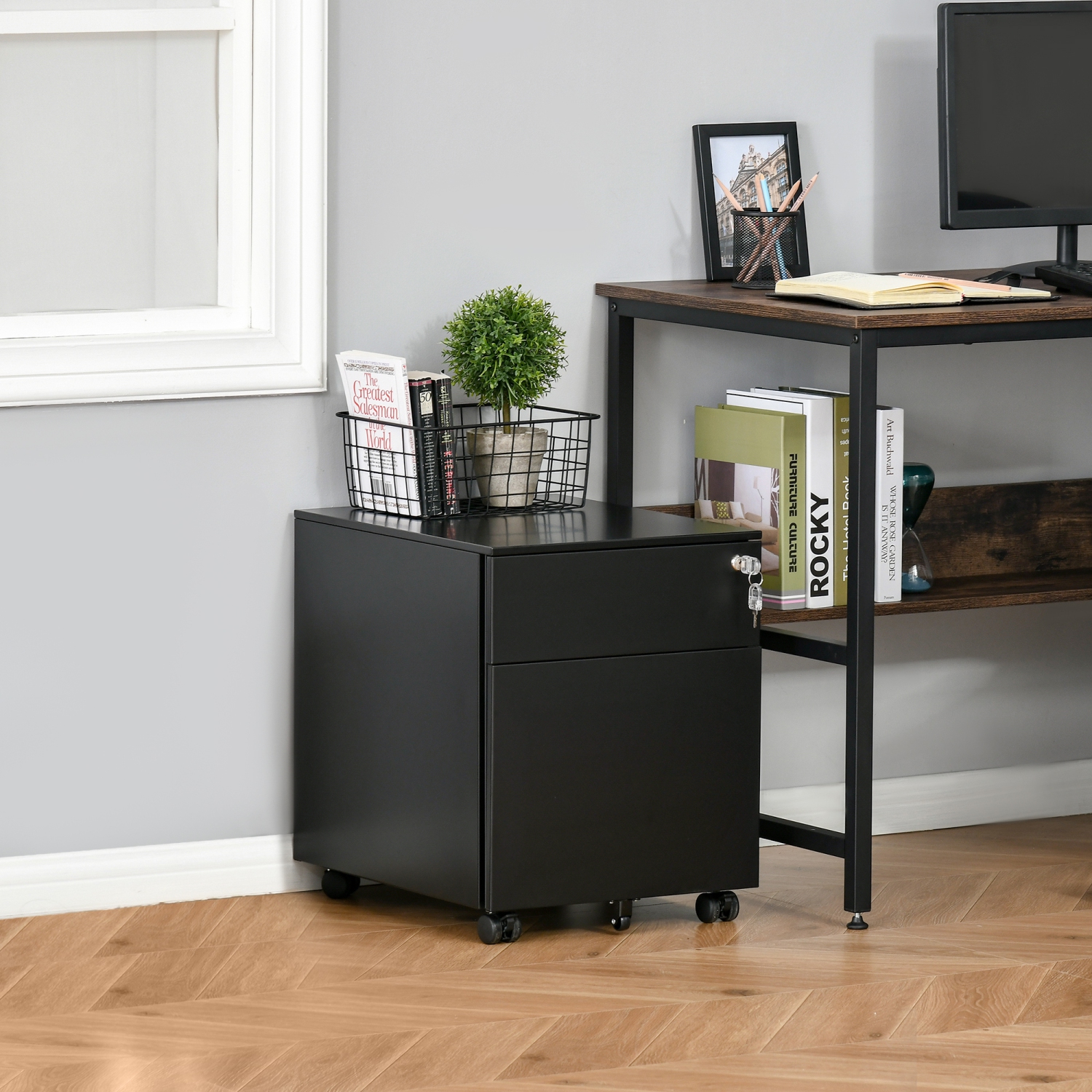 Kepooman Secure File Vault - Lockable Steel Cabinet on Wheels with Pencil Tray for Legal/Letter Documents, Black