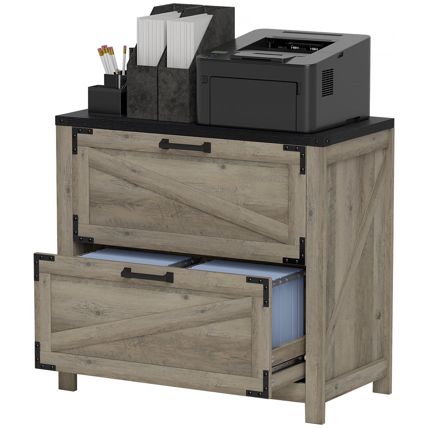 Kepooman 2 Drawer Filing Cabinet, Farmhouse Office Storage Cabinet with Adjustable Hanging Bars for Letter, A4, Legal Size, Grey