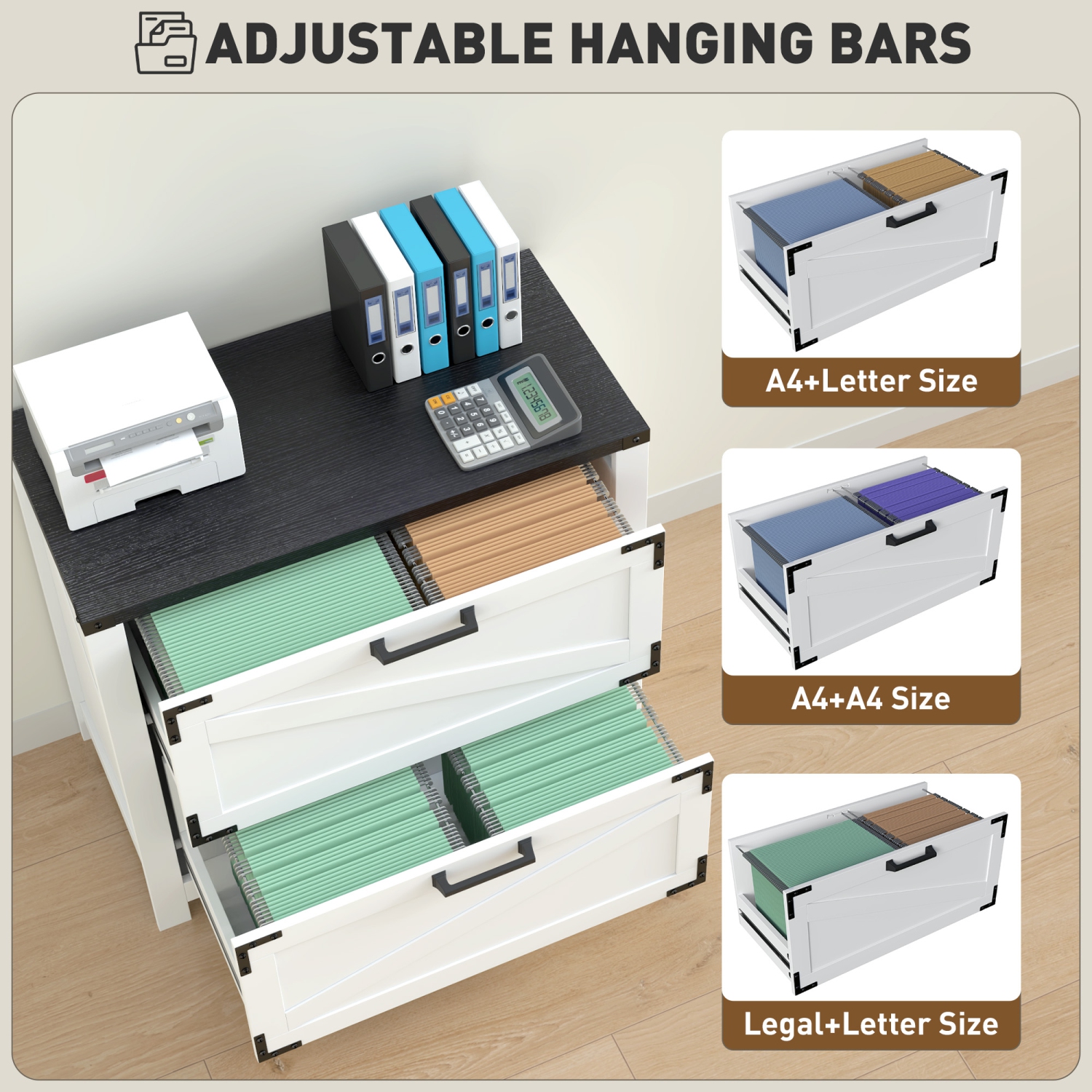 Kepooman 2 Drawer Filing Cabinet, Farmhouse Office Storage Cabinet with Adjustable Hanging Bars for Letter, A4, Legal Size, White