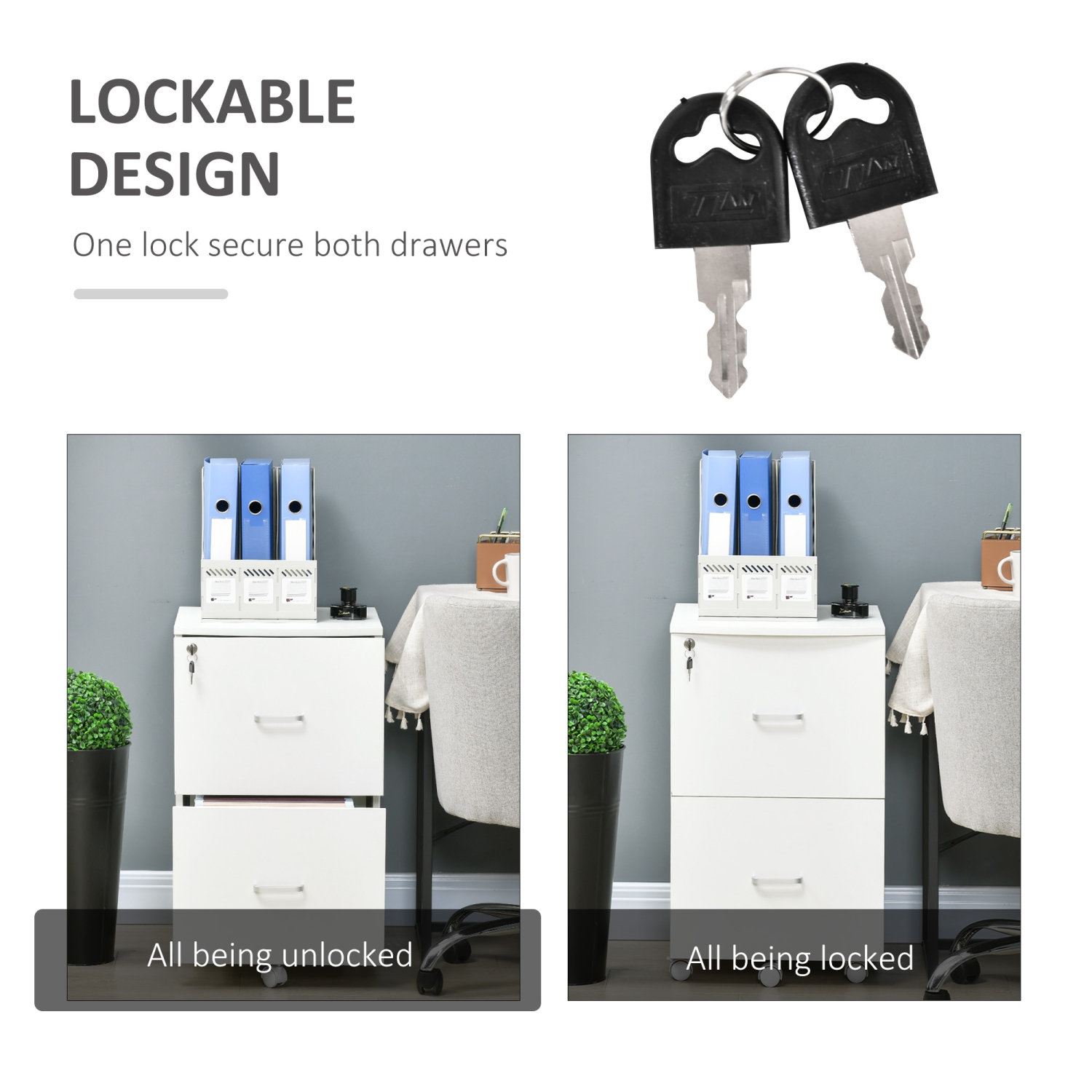 Kepooman 2 Drawer Wood Mobile File Cabinet with Lock Office Filing Storage Locking Wheels Home Study White