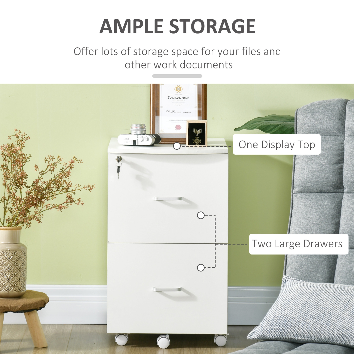 Kepooman 2 Drawer Wood Mobile File Cabinet with Lock Office Filing Storage Locking Wheels Home Study White