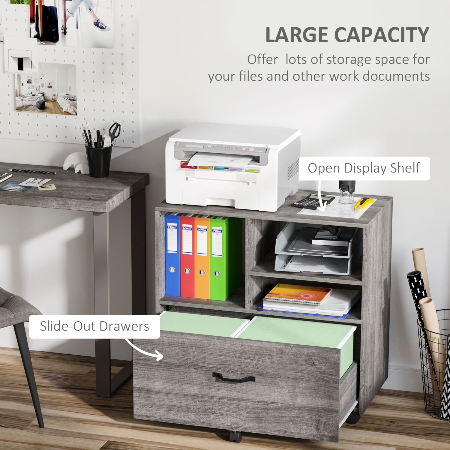 Kepooman Lateral File Station - Mobile Cabinet with Printer Stand for Letter/Legal File & Office Supply Storage, Grey
