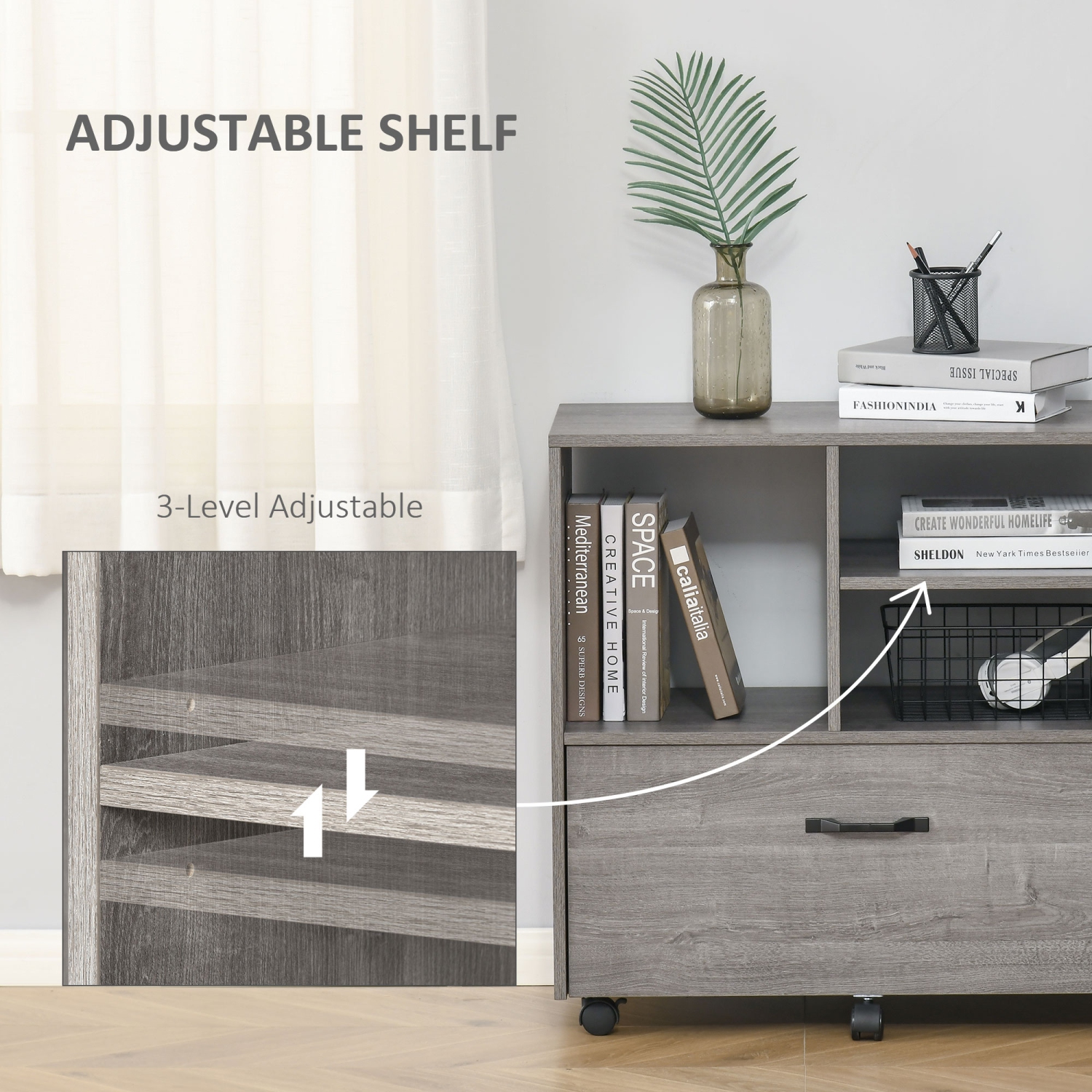 Kepooman Lateral File Station - Mobile Cabinet with Printer Stand for Letter/Legal File & Office Supply Storage, Grey