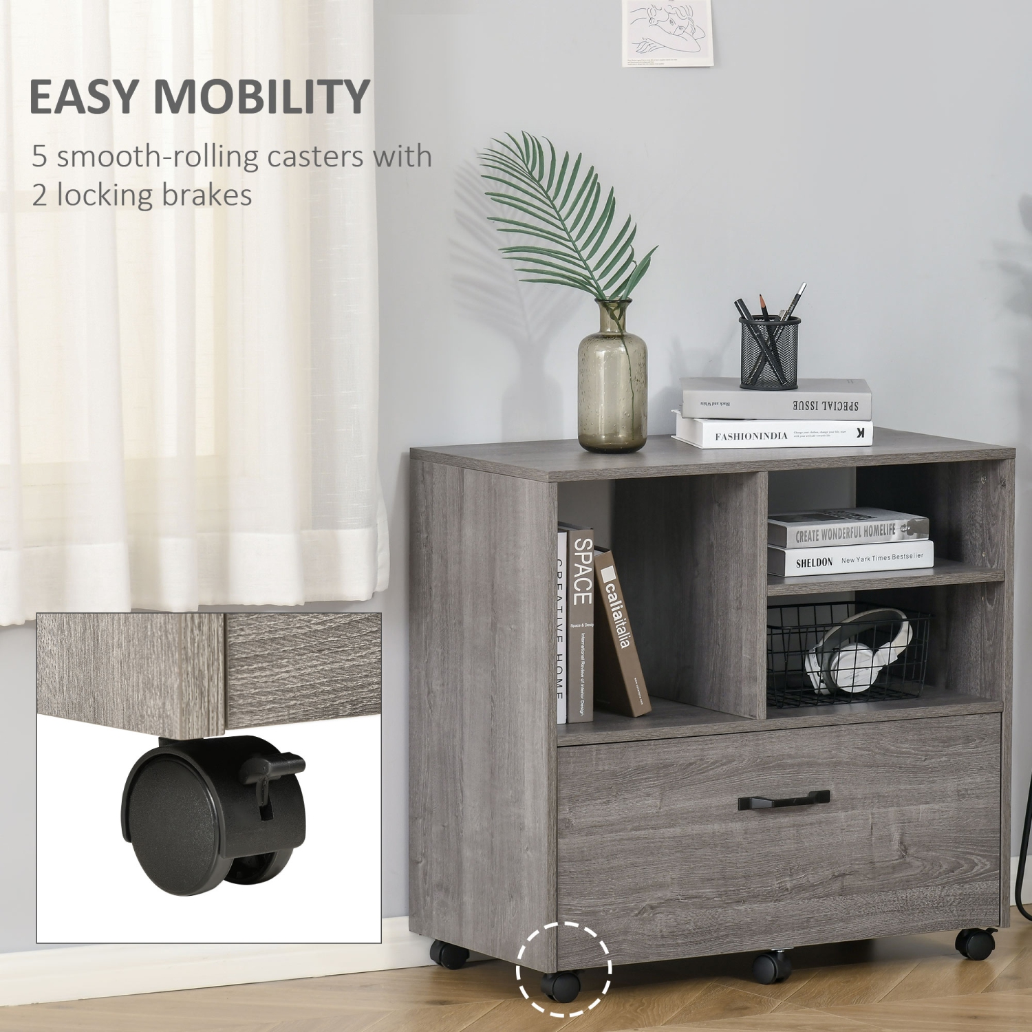 Kepooman Lateral File Station - Mobile Cabinet with Printer Stand for Letter/Legal File & Office Supply Storage, Grey