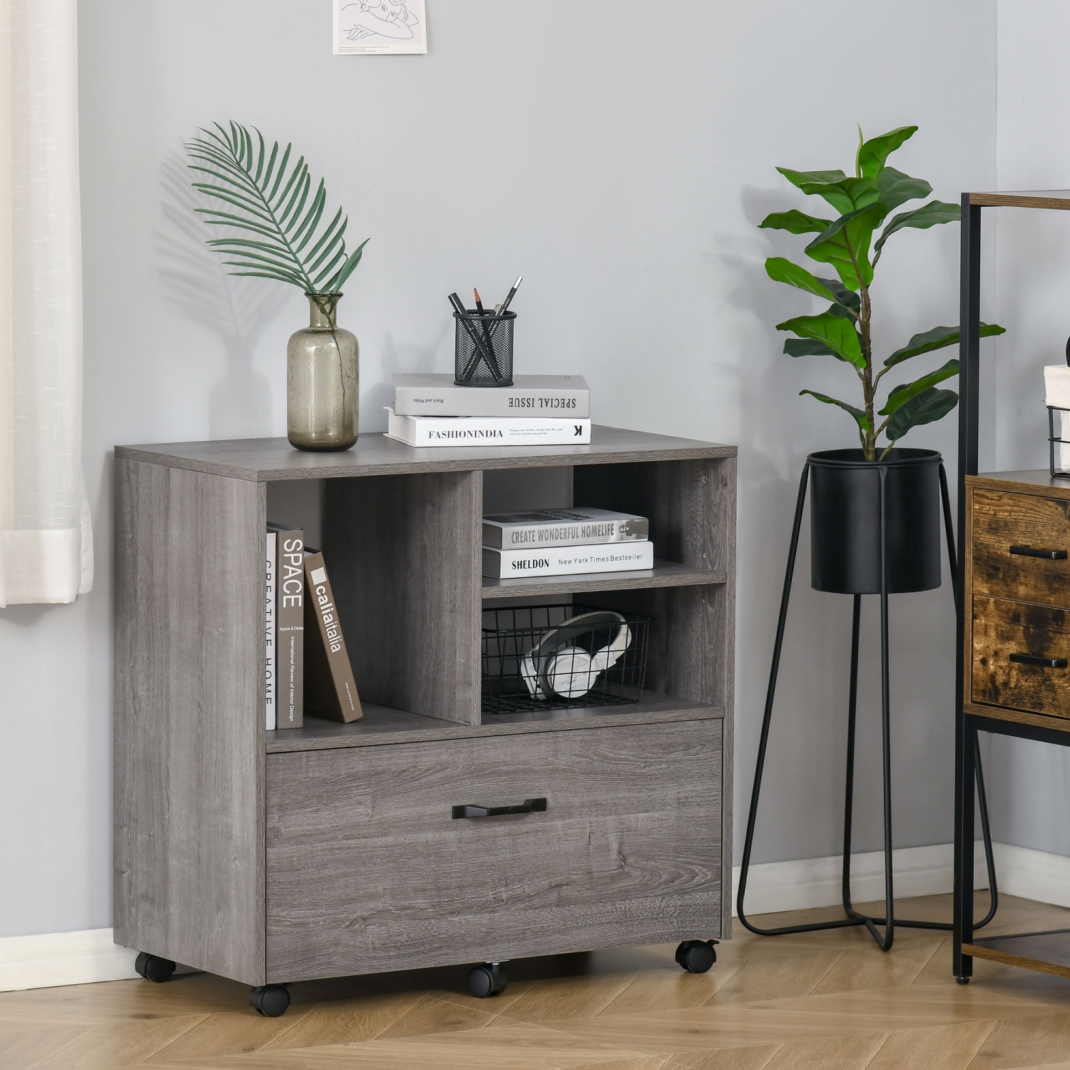 Kepooman Lateral File Station - Mobile Cabinet with Printer Stand for Letter/Legal File & Office Supply Storage, Grey