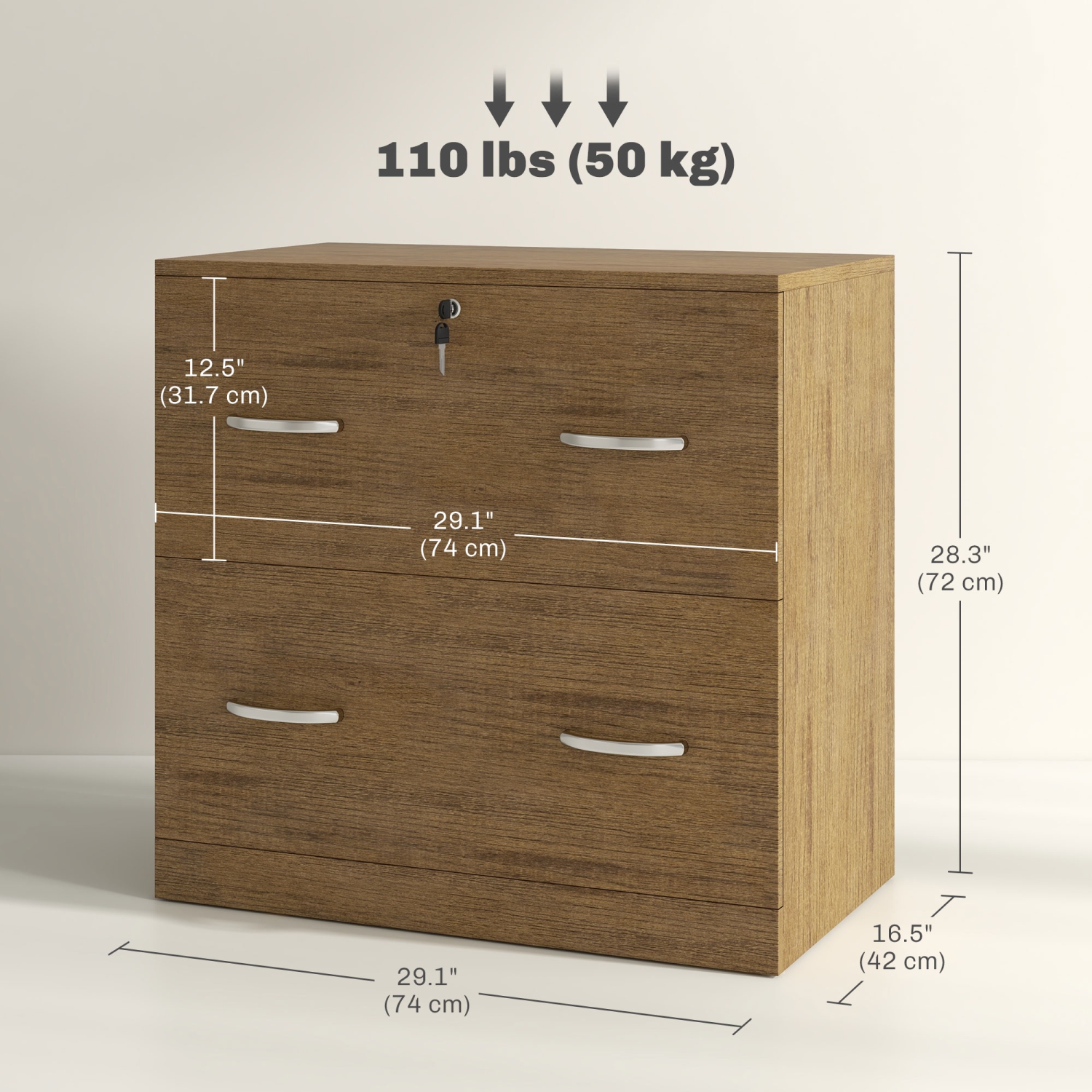 Kepooman 2 Drawer File Cabinet with Lock, Office Filing Cabinet, Hanging Bar for Letter Size, Home Office, Light Brown