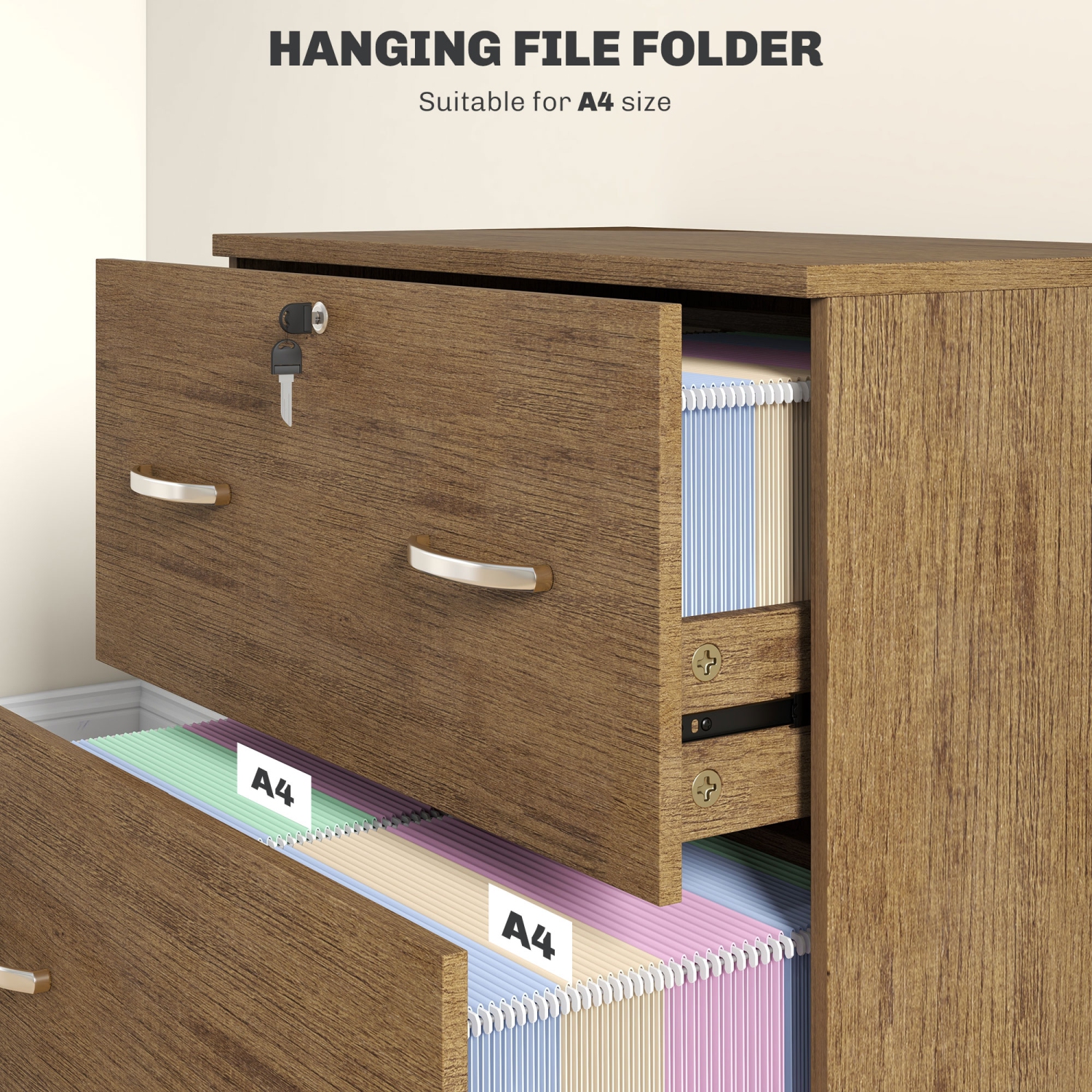 Kepooman 2 Drawer File Cabinet with Lock, Office Filing Cabinet, Hanging Bar for Letter Size, Home Office, Light Brown