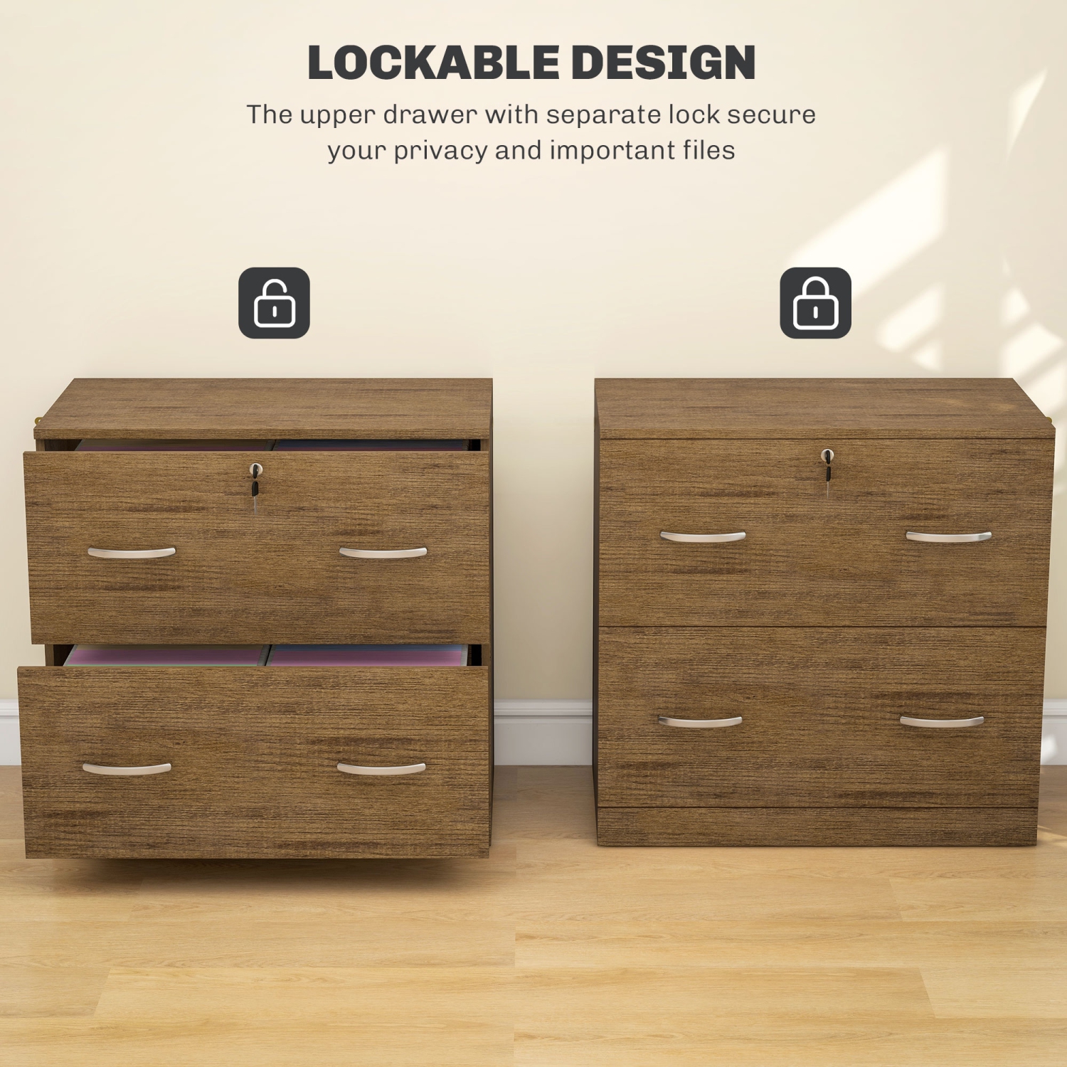 Kepooman 2 Drawer File Cabinet with Lock, Office Filing Cabinet, Hanging Bar for Letter Size, Home Office, Light Brown