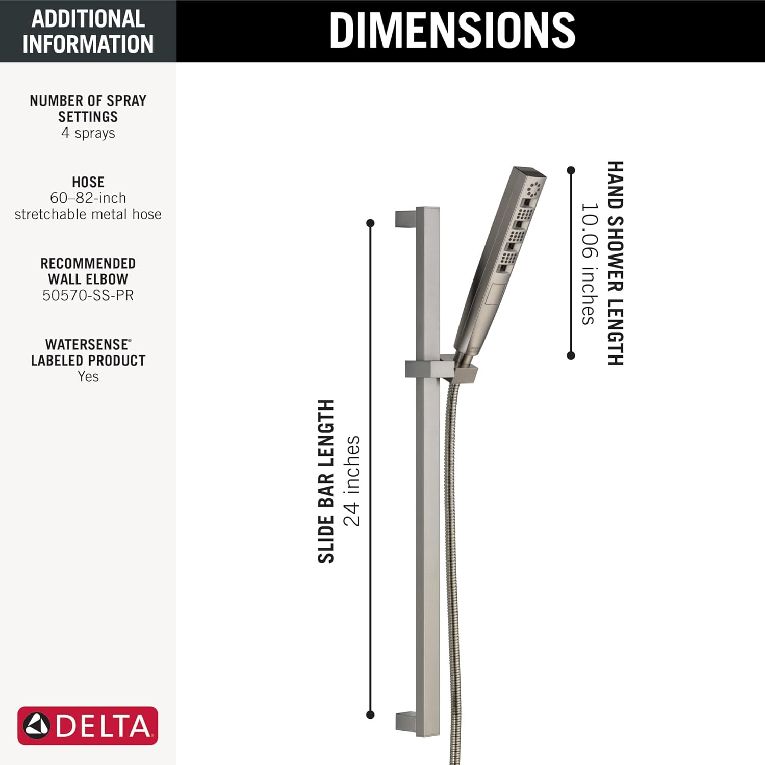Delta Faucet Tetra H2Okinetic Slide Bar Hand Held Shower with Hose, Brushed Nickel Handheld Shower Head