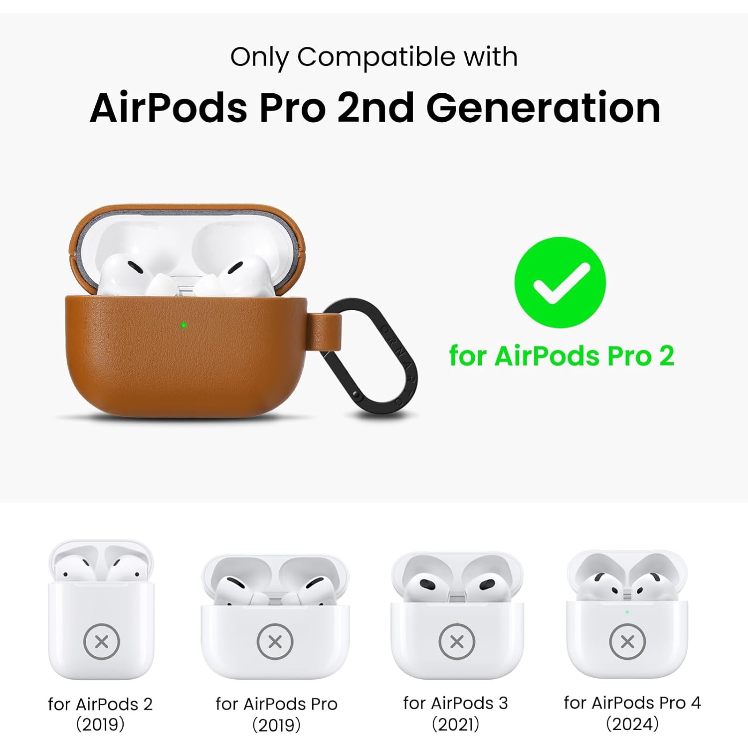 ORNARTO for AirPods Pro 2 Case 2022, Full Protective AirPods Pro 2nd Generation Leather Case Cover with Carabiner, Case for AirPods Pro 2, Front LED