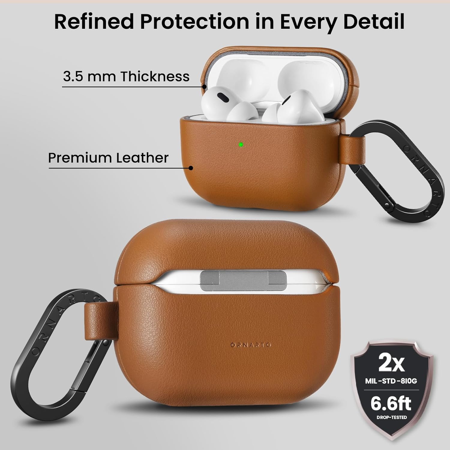 ORNARTO for AirPods Pro 2 Case 2022, Full Protective AirPods Pro 2nd Generation Leather Case Cover with Carabiner, Case for AirPods Pro 2, Front LED