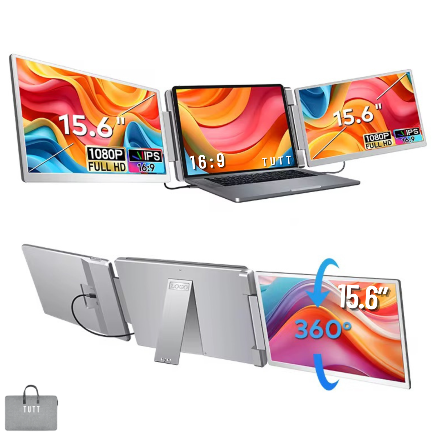 TUTT 15.6” Dual Portable Monitor | 16:9 Ratio FHD IPS Triple Screen Extender | Rotating Right Screen | Standalone | H5 Converter Cable | Windows, Mac