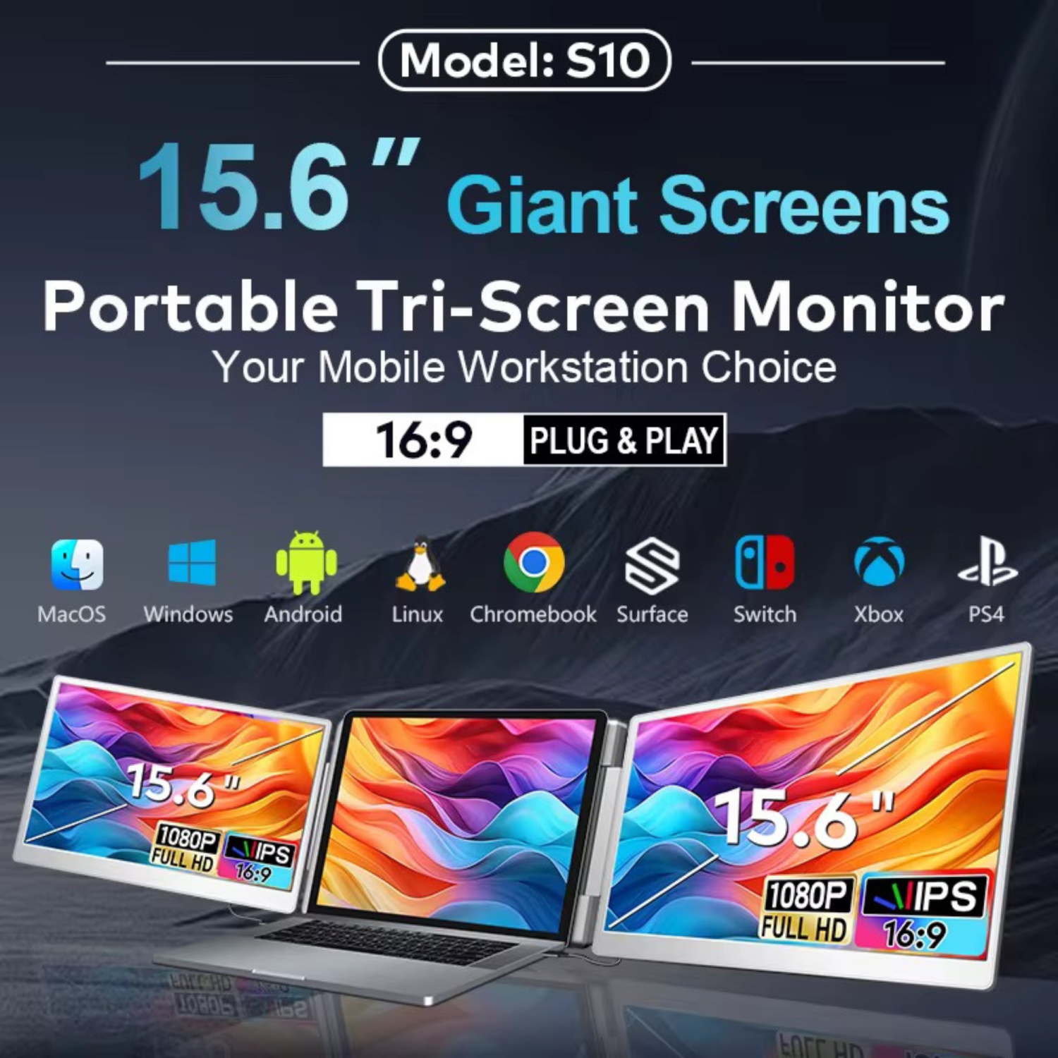 TUTT 15.6” Dual Portable Monitor | 16:9 Ratio FHD IPS Triple Screen Extender | Rotating Right Screen | Standalone | H5 Converter Cable | Windows, Mac