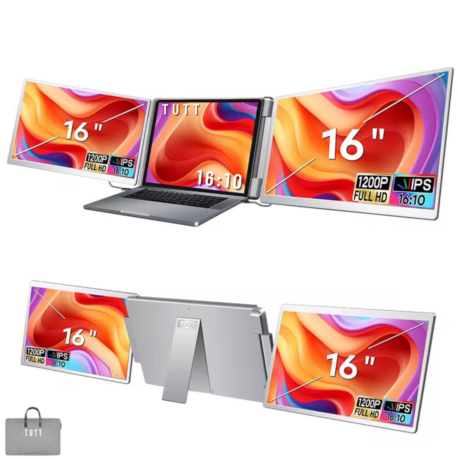 TUTT 16” Dual Portable Monitor | 16:10 Ratio FHD IPS Triple Screen Extender | Dual Rotating Screens | Standalone | H5 Converter Cable | Windows, Mac