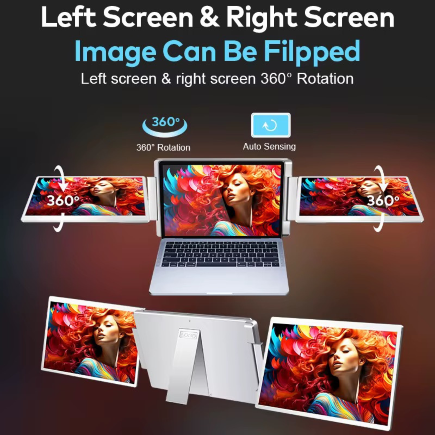 TUTT 16” Dual Portable Monitor | 16:10 Ratio FHD IPS Triple Screen Extender | Dual Rotating Screens | Standalone | H5 Converter Cable | Windows, Mac