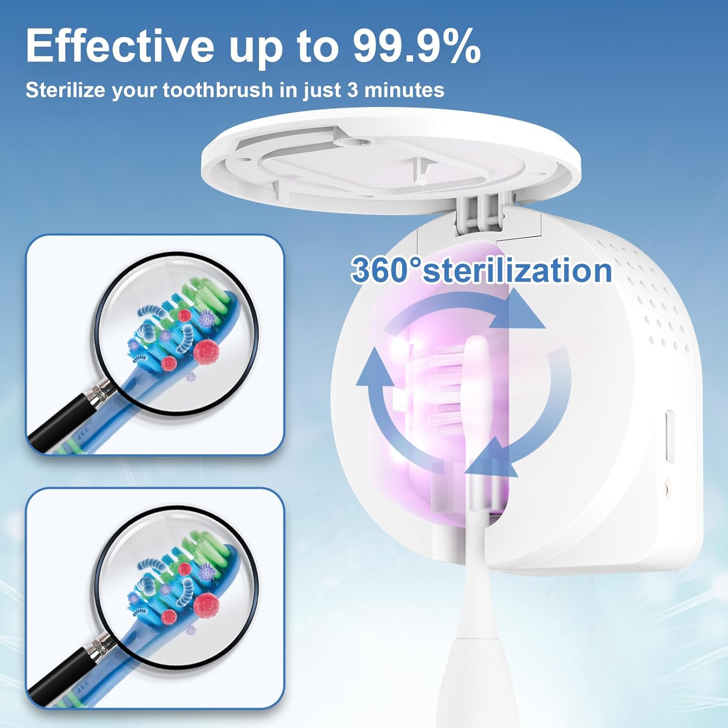 Porte-assainisseur pour brosse à dents UV, Assainisseur pour brosse à dents et capuchons de couvercle avec séchage par ventilateur, Étui de nettoyage