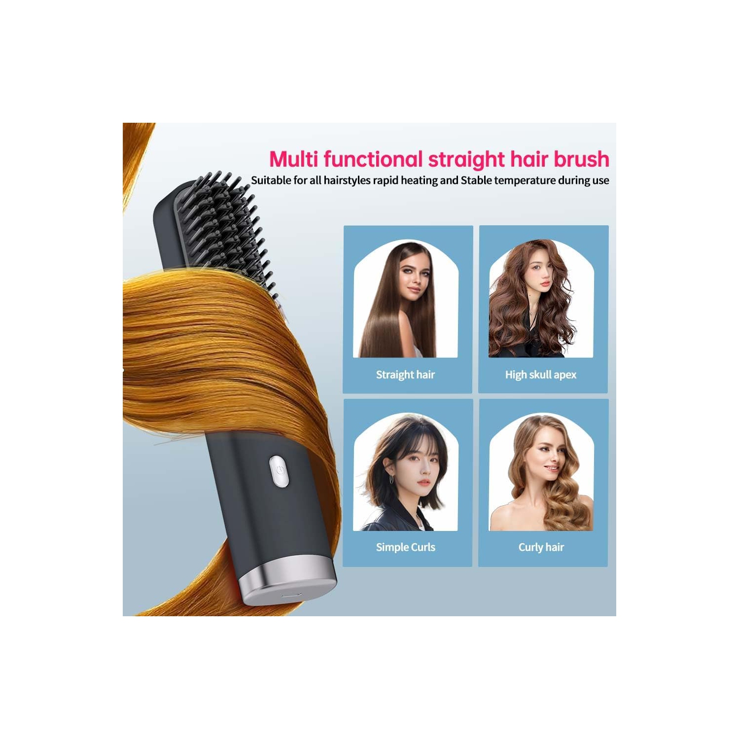 Cordless Hair Straightener Brush,Portable Straightening Comb for Travel,USB Charging Fast Heating Hair Straightener with LCD Screen Display