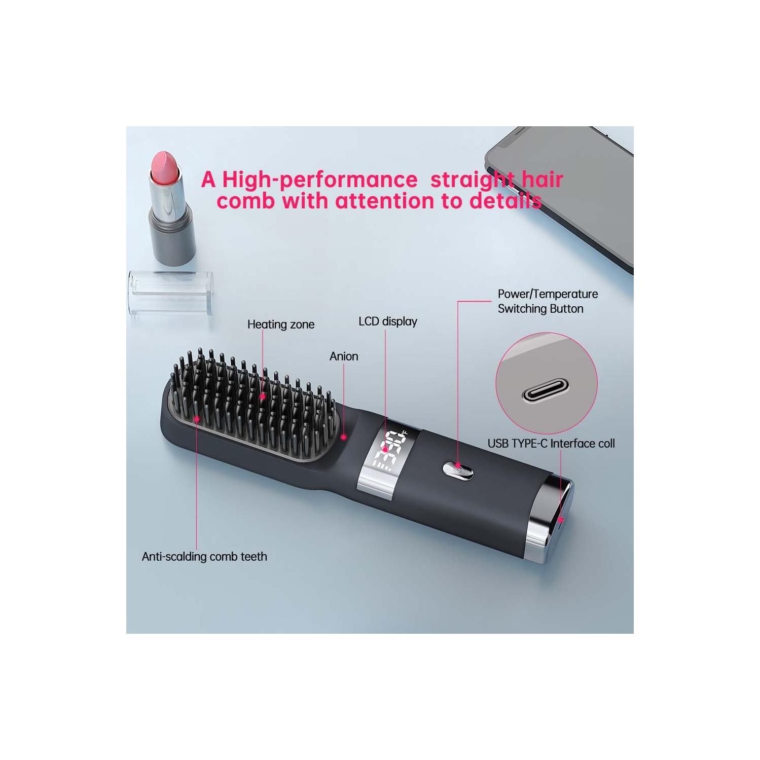 Cordless Hair Straightener Brush,Portable Straightening Comb for Travel,USB Charging Fast Heating Hair Straightener with LCD Screen Display