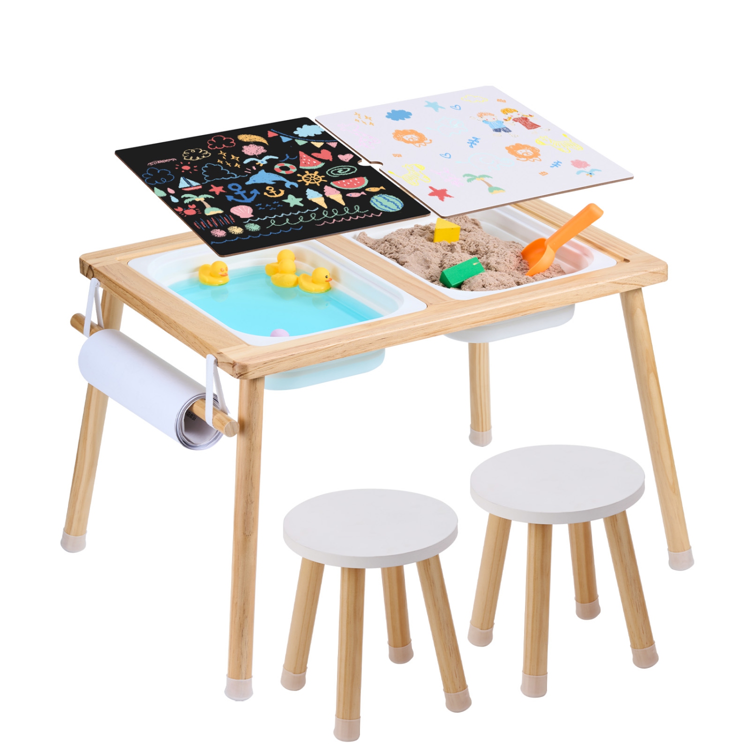 VEVOR Sensory Table and Chairs Set, Toddlers Activity Table with 2 Stools, 2 Storage Bins & Paper Roll Holder, Indoor/Outdoor Play Sand and Water