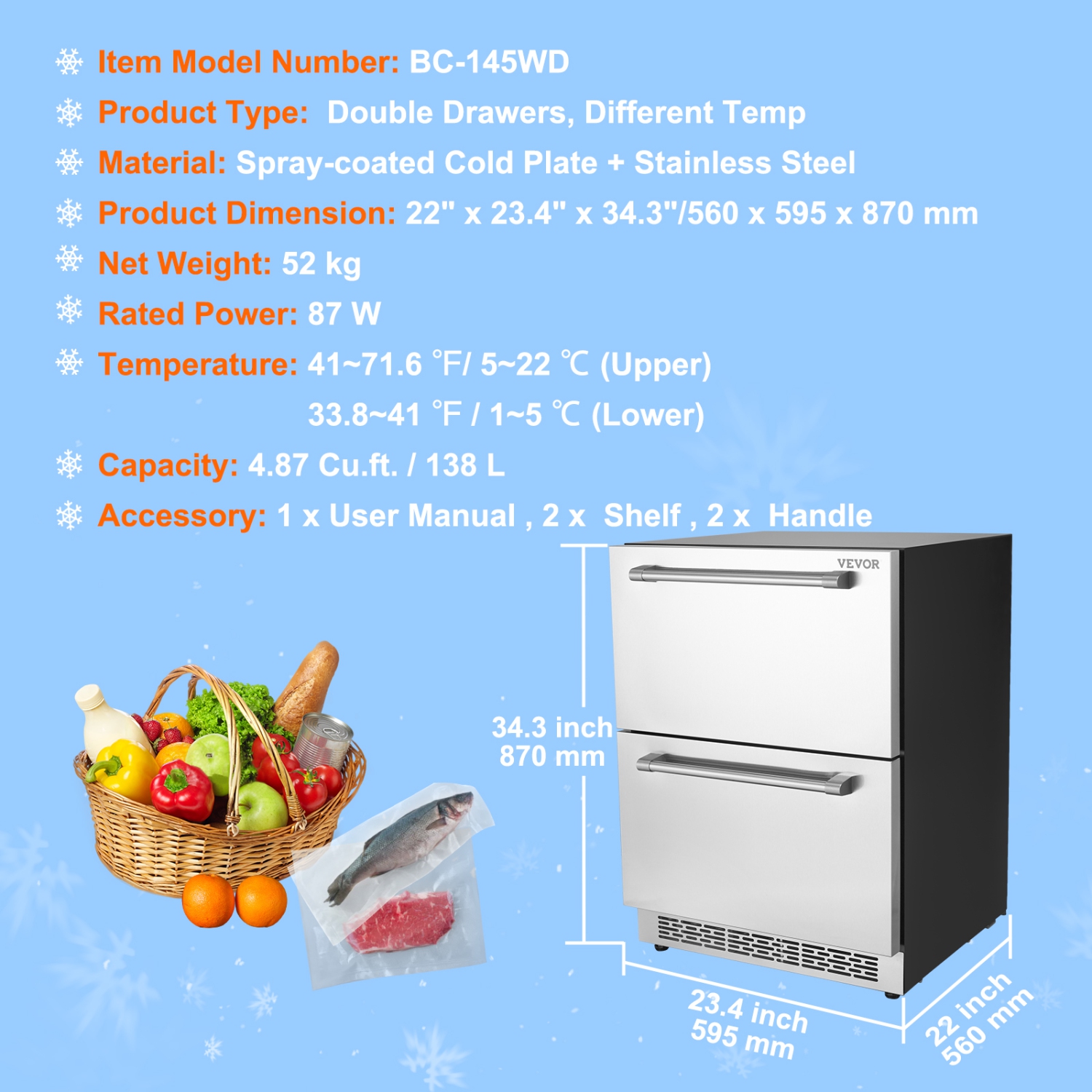 VEVOR 24" Undercounter Refrigerator, 2 Drawer Wine Refrigerator with Different Temperature, 4.87 Cu.ft. Capacity, Waterproof Indoor and Outdoor Under