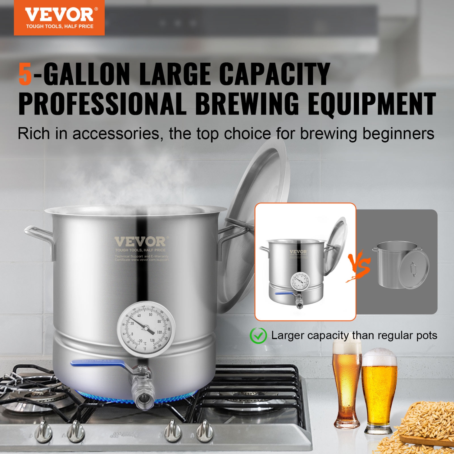 VEVOR 5 GALLON Stainless Steel Kettle, Tri Ply Bottom for Beer, Brew Kettle Pot, Home Brewing Supplies Includes Lid, Handle, Thermometer, Ball Valve