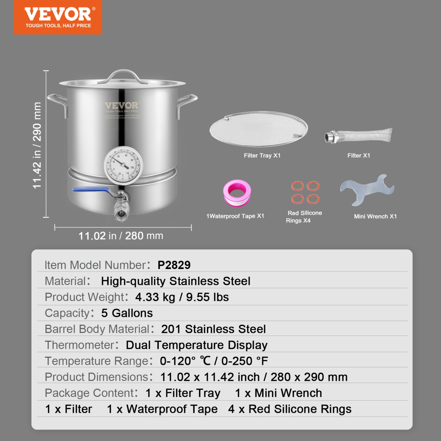 VEVOR 5 GALLON Stainless Steel Kettle, Tri Ply Bottom for Beer, Brew Kettle Pot, Home Brewing Supplies Includes Lid, Handle, Thermometer, Ball Valve