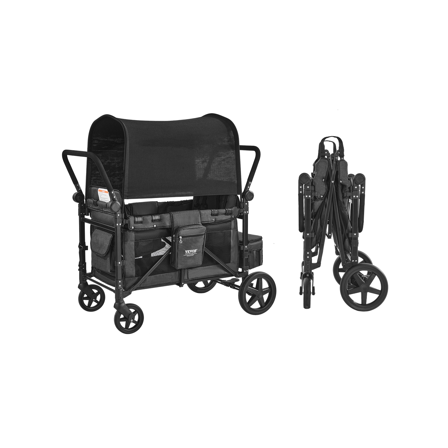 Poussette familiale VEVOR pour 4 enfants, poussette pliante Push Pull Quad, harnais de sécurité et auvent amovible, chariot poussette 4 places pour