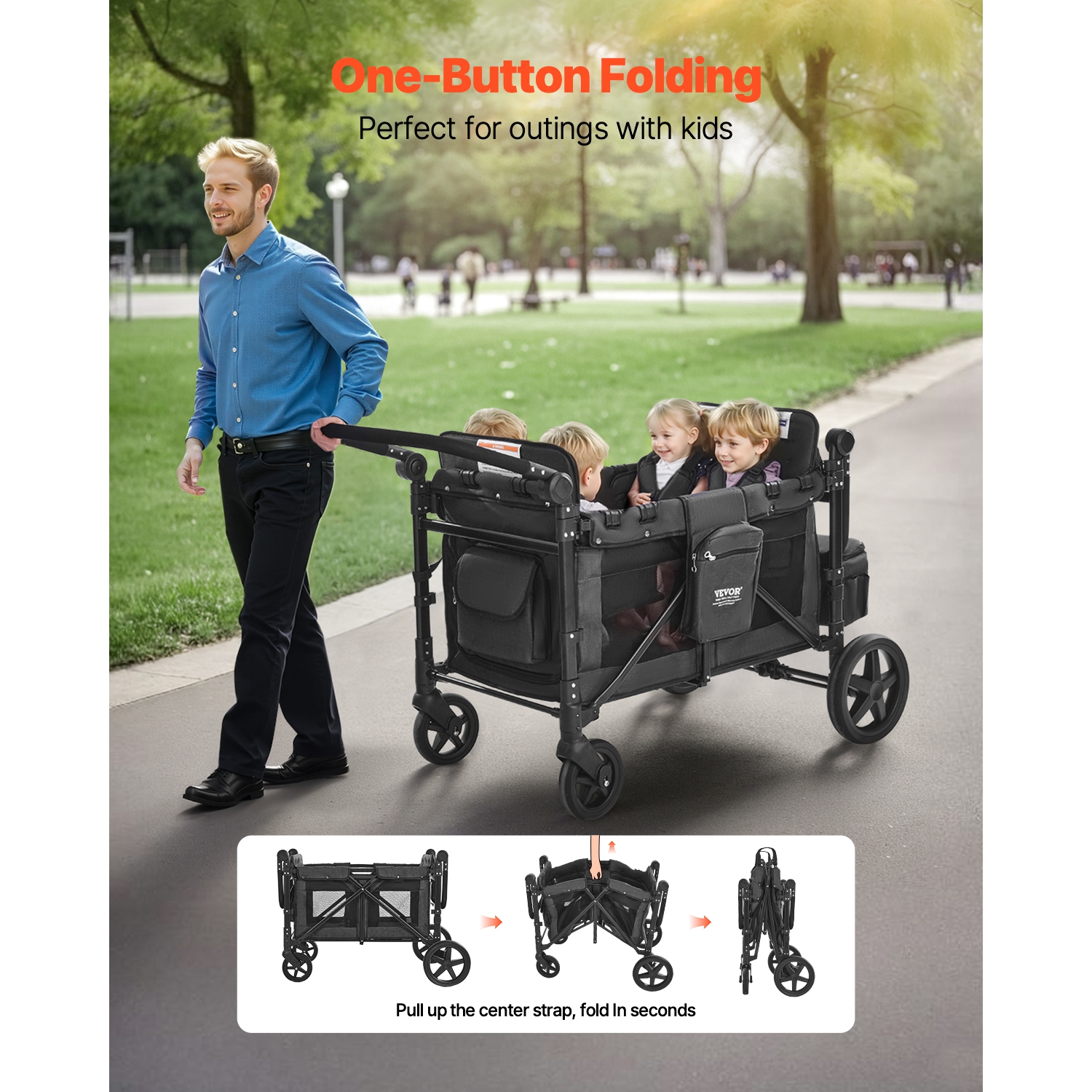 Poussette familiale VEVOR pour 4 enfants, poussette pliante Push Pull Quad, harnais de sécurité et auvent amovible, chariot poussette 4 places pour