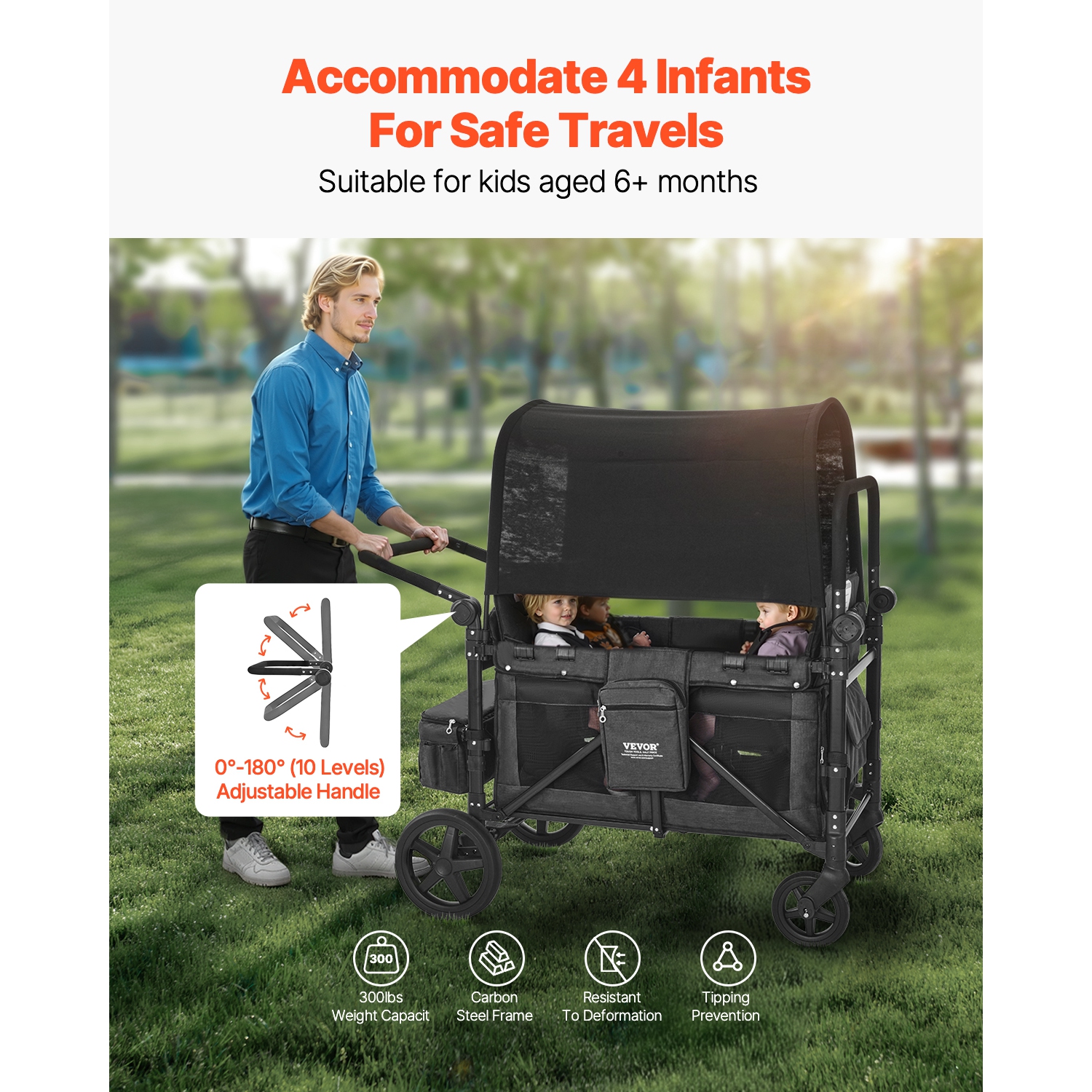 Poussette familiale VEVOR pour 4 enfants, poussette pliante Push Pull Quad, harnais de sécurité et auvent amovible, chariot poussette 4 places pour