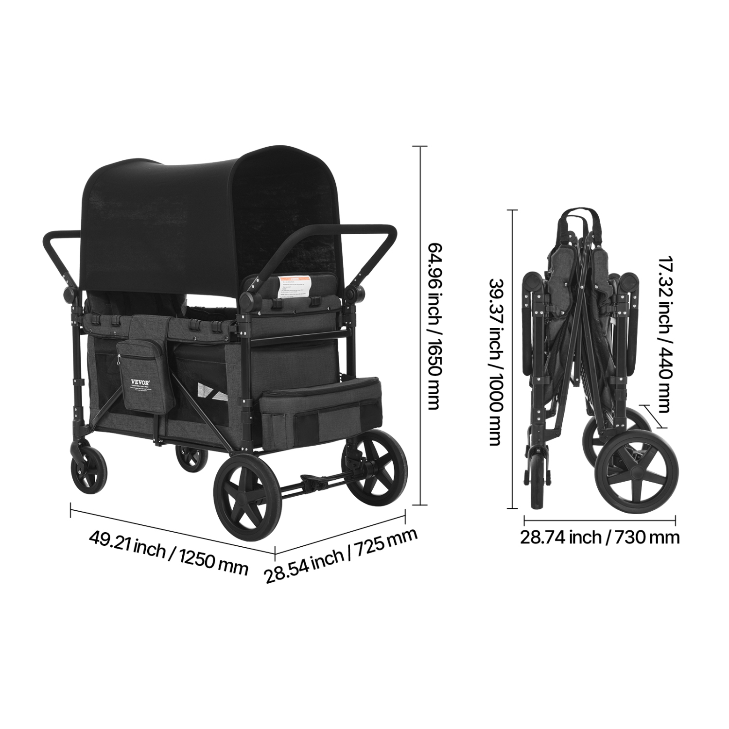 Poussette familiale VEVOR pour 4 enfants, poussette pliante Push Pull Quad, harnais de sécurité et auvent amovible, chariot poussette 4 places pour