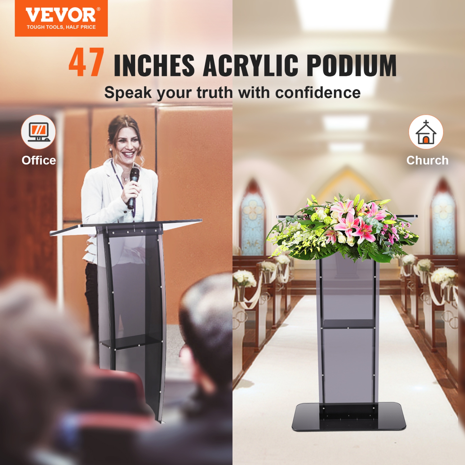 VEVOR 47" Acrylic Podium, Acrylic Podium Stand with Wide Reading Surface & Storage Shelf, Floor-standing Clear Pulpits Acrylic for Church Office
