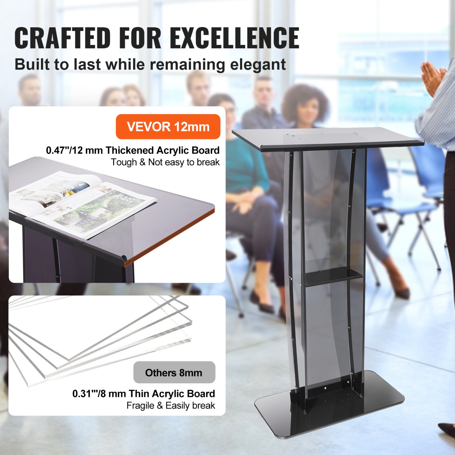 VEVOR 47" Acrylic Podium, Acrylic Podium Stand with Wide Reading Surface & Storage Shelf, Floor-standing Clear Pulpits Acrylic for Church Office