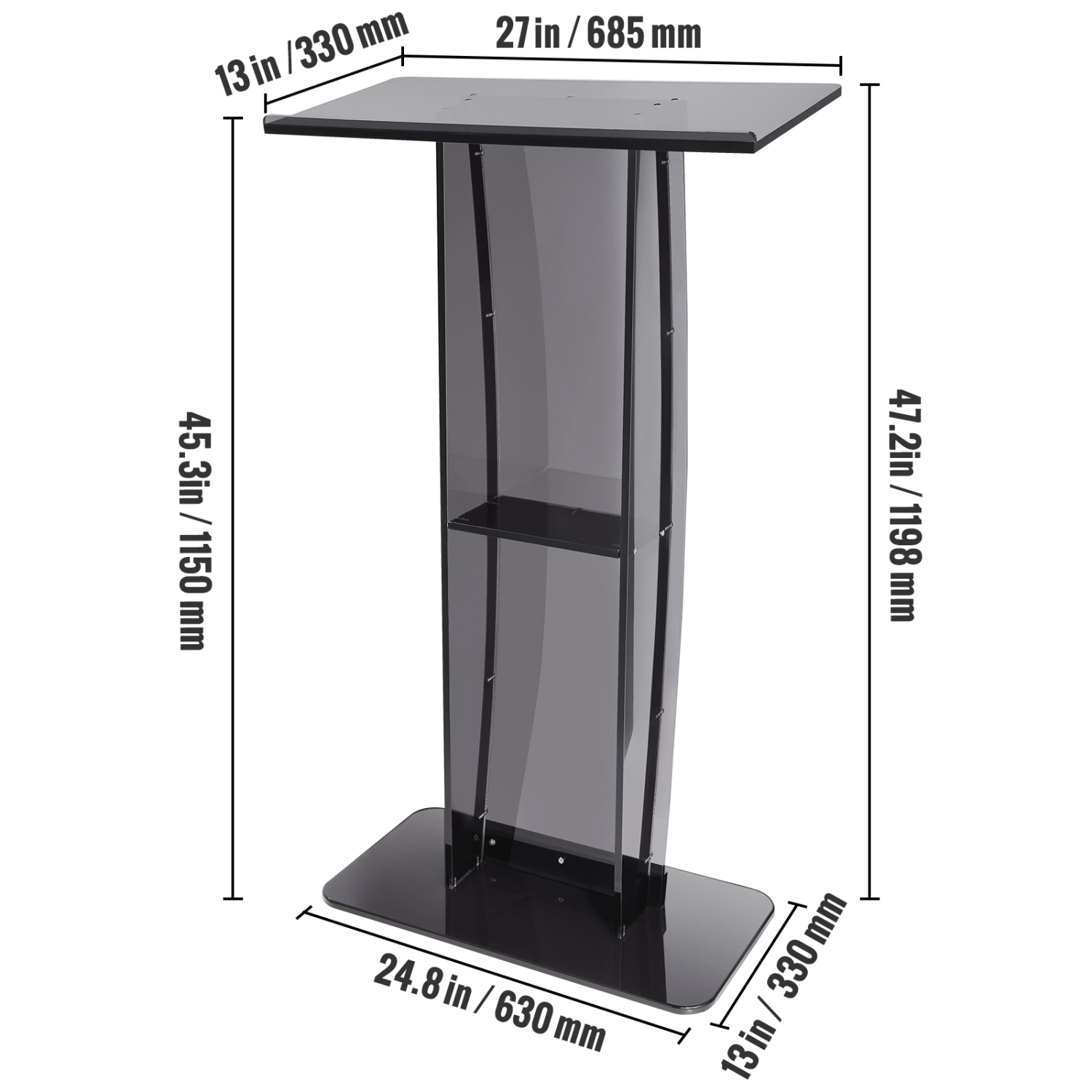 VEVOR 47" Acrylic Podium, Acrylic Podium Stand with Wide Reading Surface & Storage Shelf, Floor-standing Clear Pulpits Acrylic for Church Office