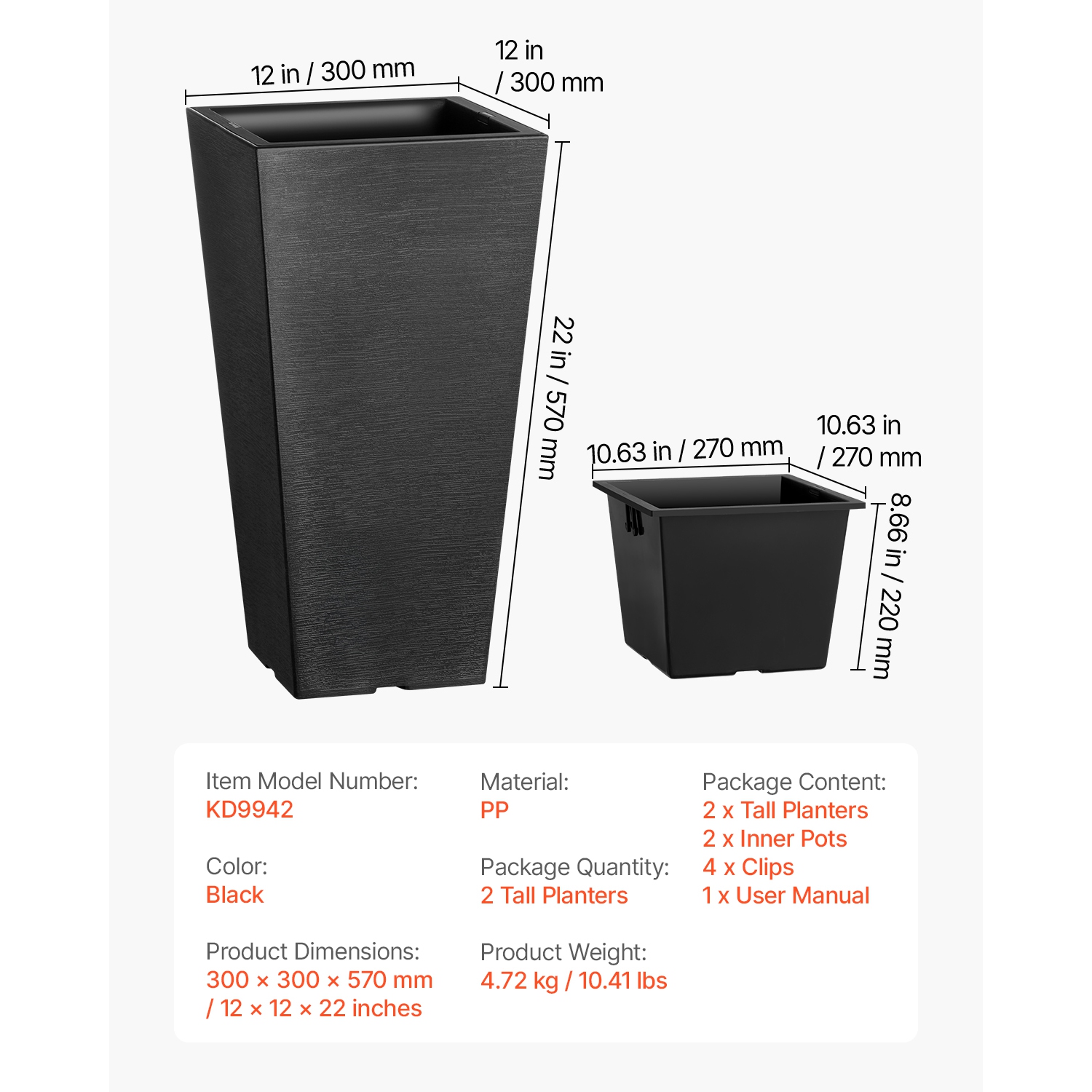 Ensemble de 2 grandes jardinières d'extérieur VEVOR 22&nbsp;po, de grandes jardinières pour plantes d'intérieur d'extérieur, de jardinières carrées