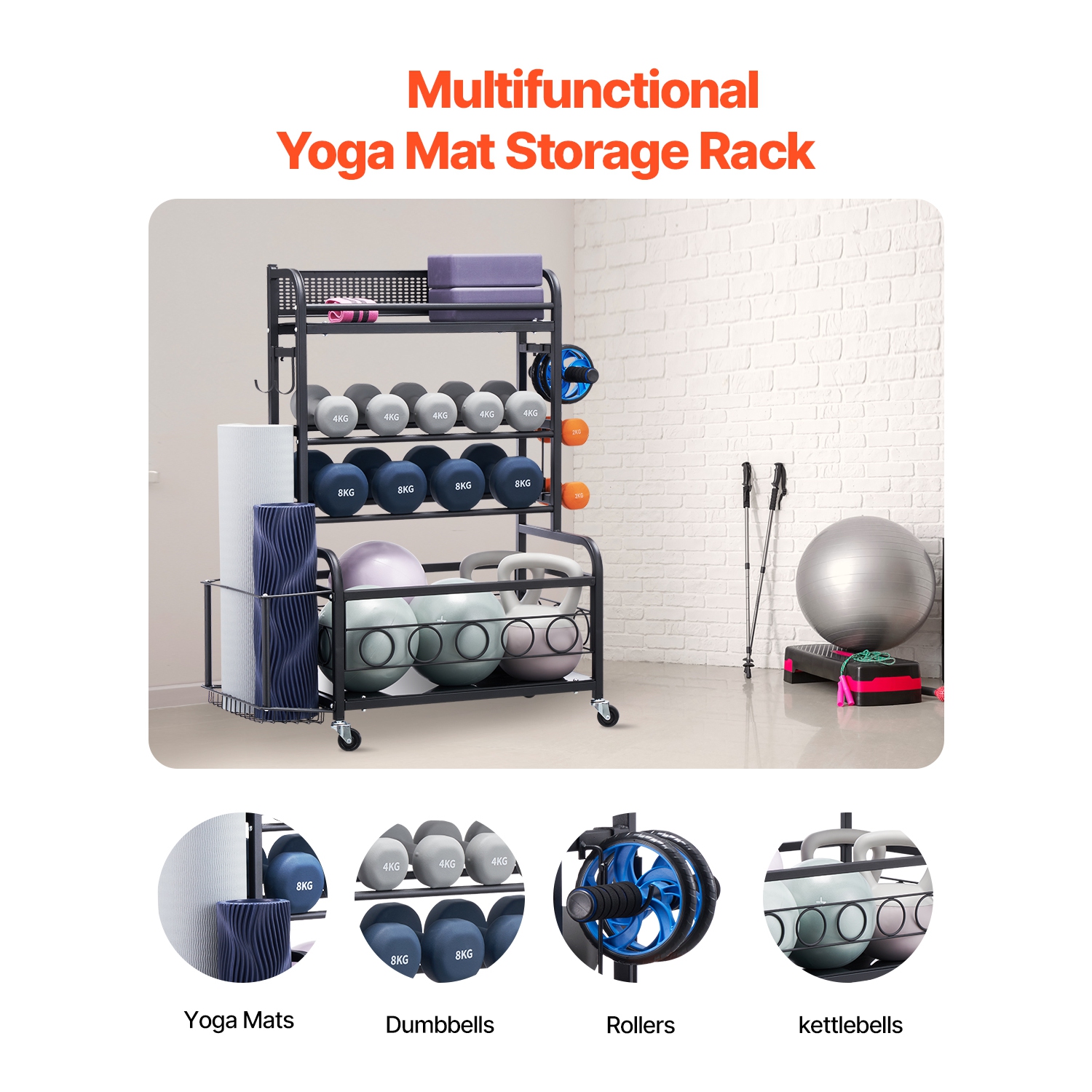 VEVOR Yoga Mat Storage Rack, Home Gym Workout Equipment, Powder Coated Finish Steel Mat with Hooks & Wheels, Weight Rack for Dumbbell, Kettlebell,