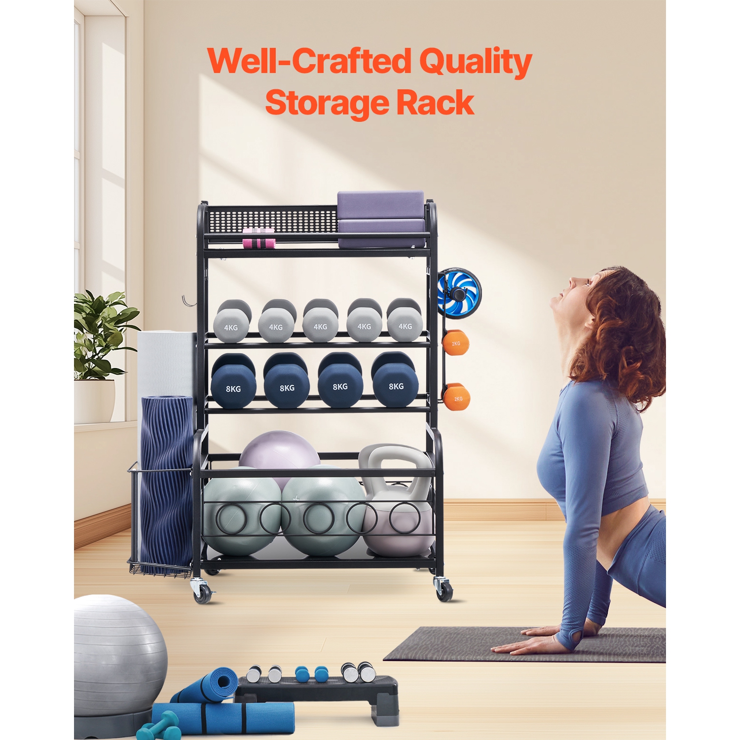 VEVOR Yoga Mat Storage Rack, Home Gym Workout Equipment, Powder Coated Finish Steel Mat with Hooks & Wheels, Weight Rack for Dumbbell, Kettlebell,