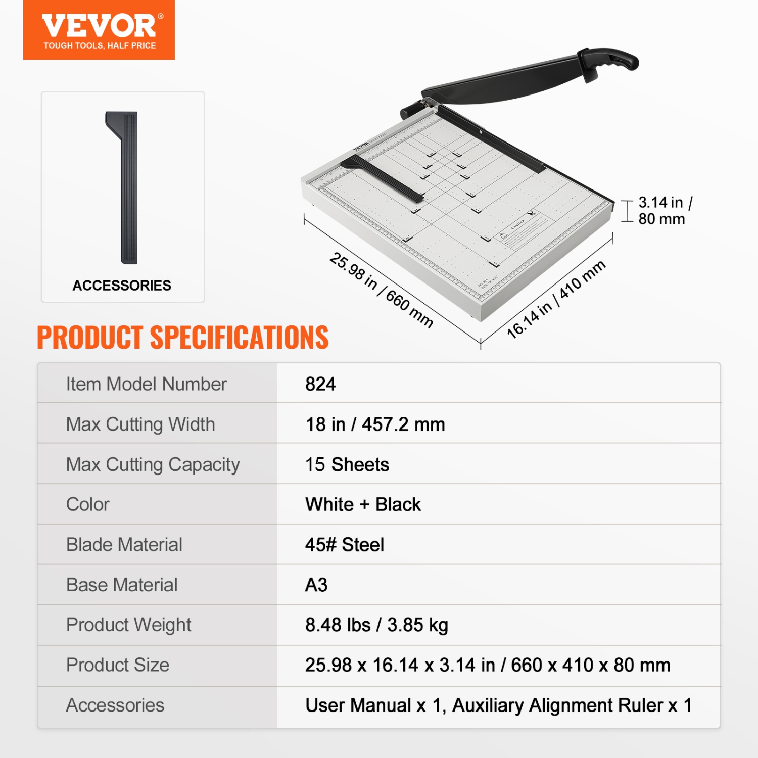 VEVOR Paper Cutter, Guillotine Trimmer, 18" Cut Length, 15 Sheets Capacity, Heavy Duty Guillotine Paper Cutter with Guard Rail/Blade Lock for