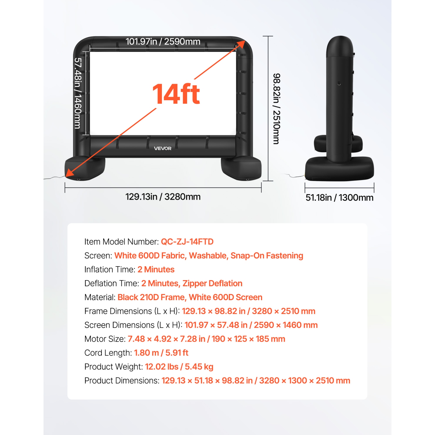 VEVOR 14 ft Inflatable Movie Screen, 600D Washable Inflatable Projector Screen with Portable Storage Bag, 16:9 Easy Set Up Movie Projection for