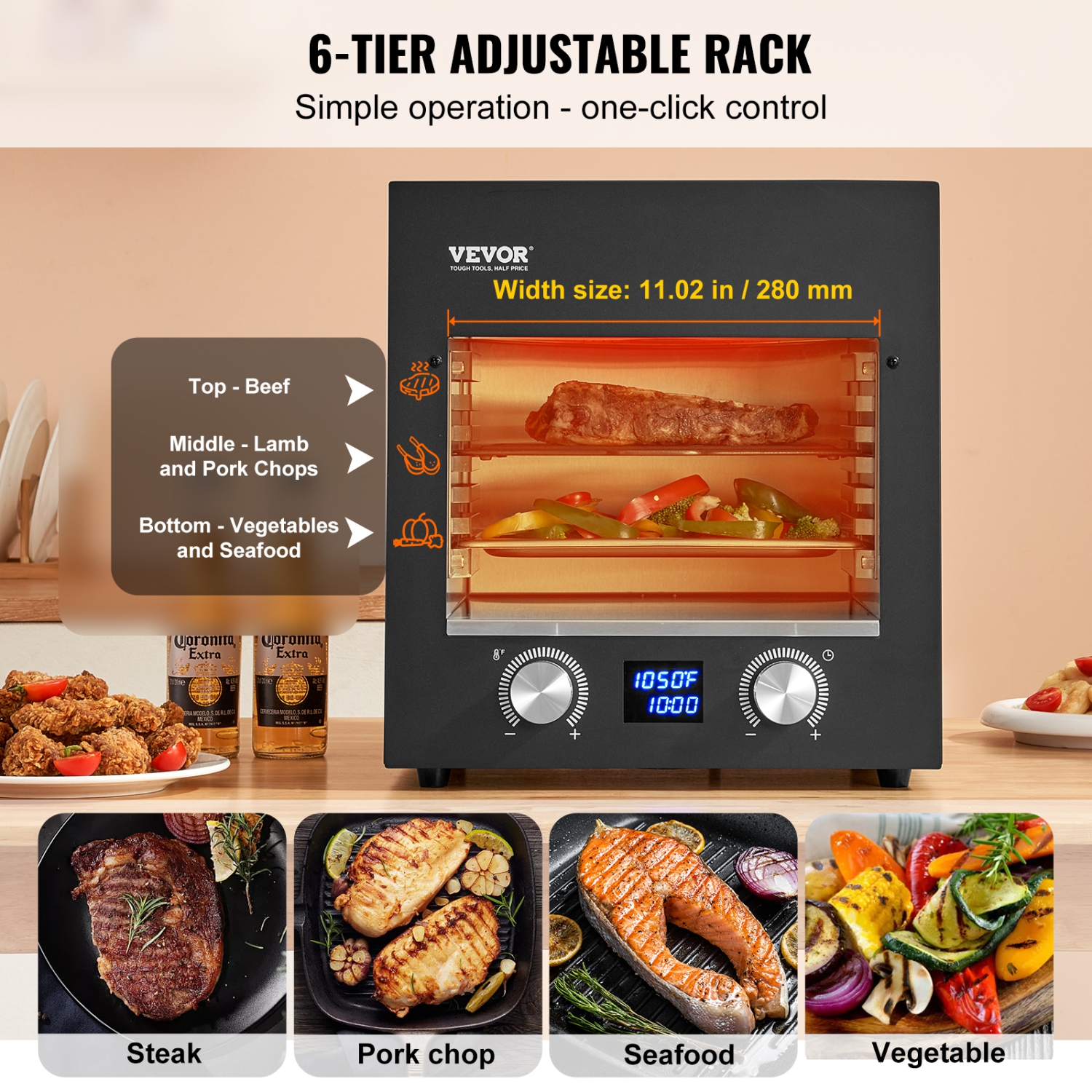 VEVOR 1800W Electric Steak Grill, Smokeless Infrared Electric Broiler, 1450°F Stainless Steel Steak Cooker with 6-Tier Adjustable Rack, Electric