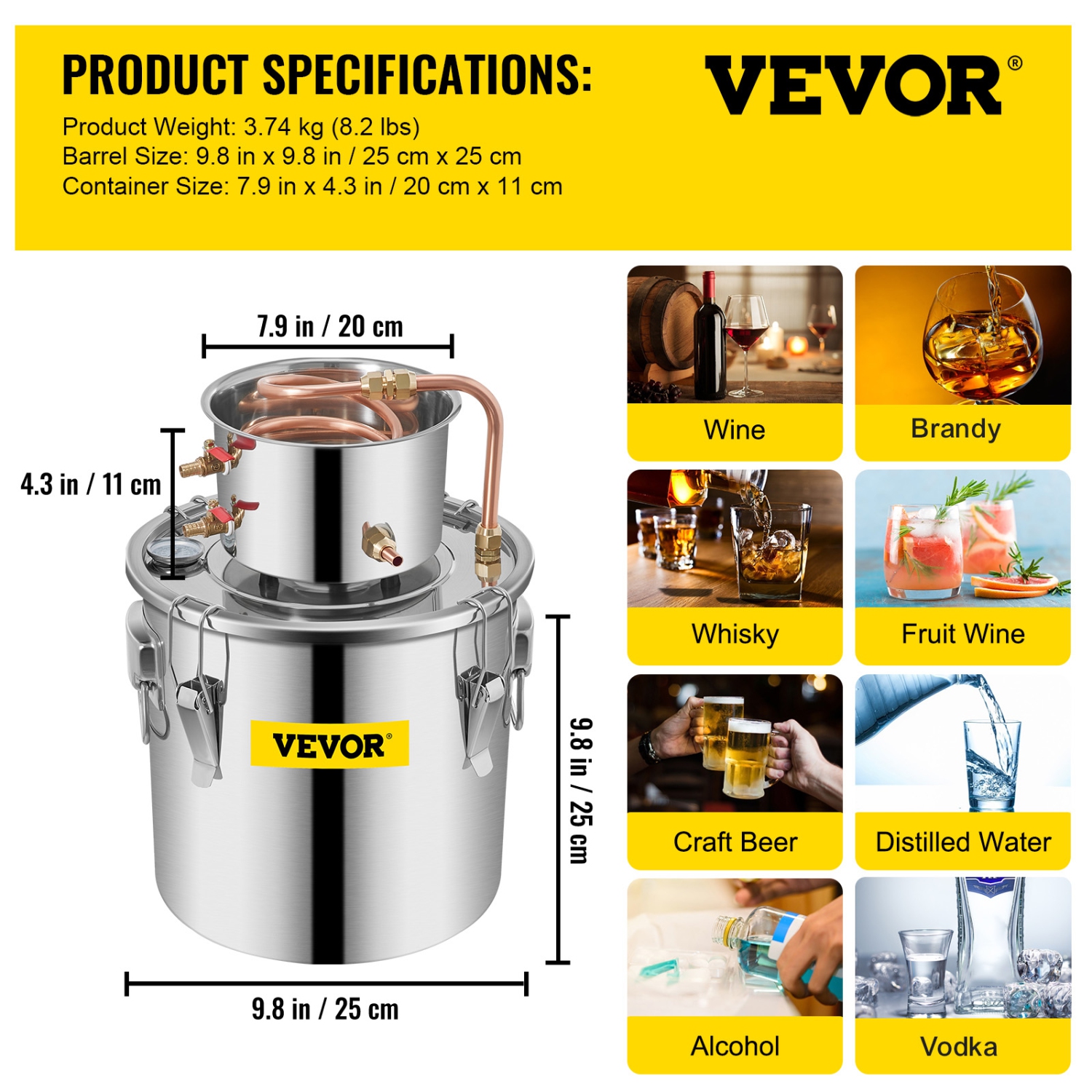 VEVOR 3GAL 12L Water Alcohol Distiller Copper Wine Making Boiler Multi Home DIY Brewing Distilling Kit for Fruit Wine, Water, Brandy, And Refining
