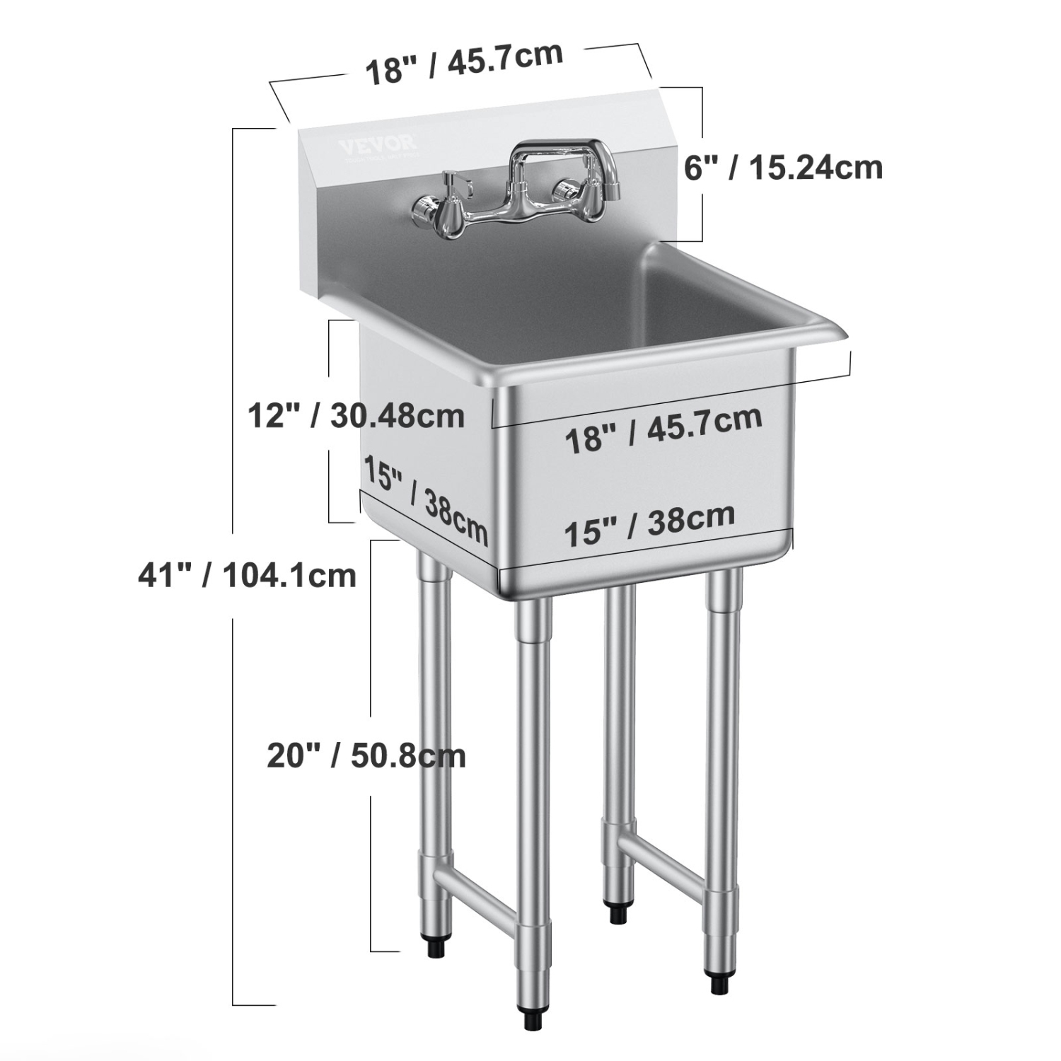 VEVOR 18"x41" Stainless Steel Prep & Utility Sink, 1 Compartment Free Standing Small Sink Include Faucet & legs, Commercial Single Bowl Sinks for