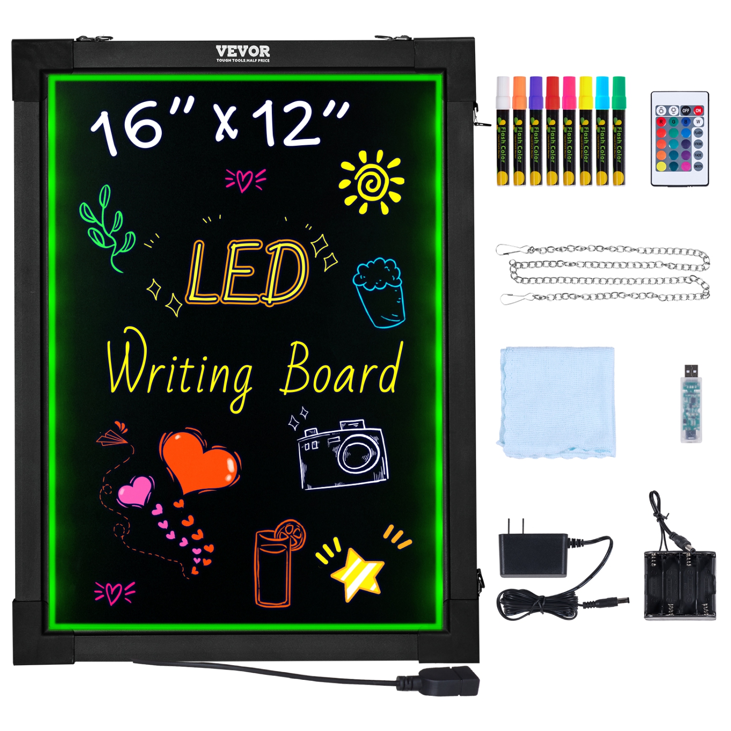 VEVOR 16"x12" LED Message Writing Board, Illuminated Erasable Lighted Chalkboard, Neon Effect Menu Sign Board, Drawing Board with 8 Fluorescent Chalk