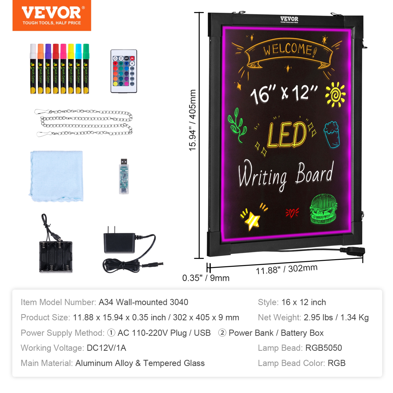 VEVOR 16"x12" LED Message Writing Board, Illuminated Erasable Lighted Chalkboard, Neon Effect Menu Sign Board, Drawing Board with 8 Fluorescent Chalk