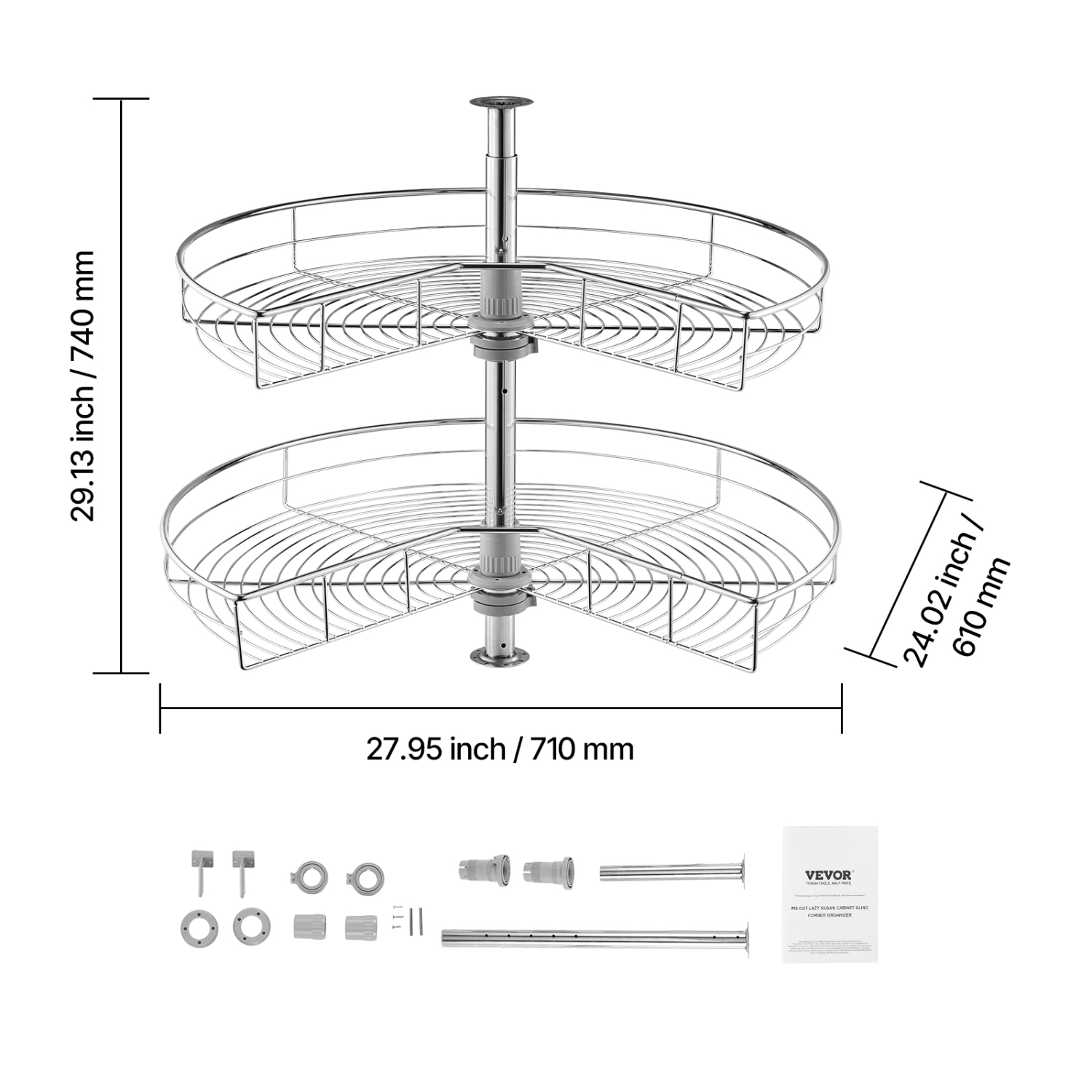 VEVOR 28" Kidney Shaped Chrome Corner Organizer, 360° Rotatble Kitchen Base Cabinet Blind Corner, 2 Tier Height Adjustable Storage Rack, Carbon Steel