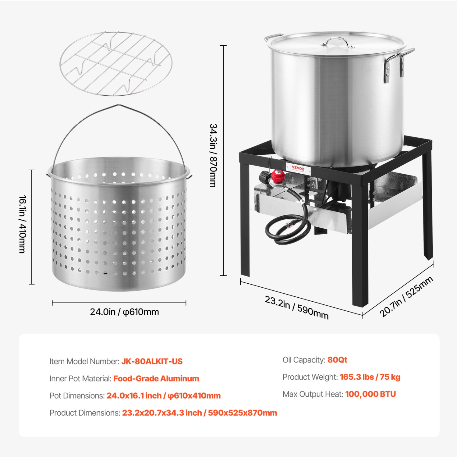 VEVOR 80 Qt Seafood Boiling Kit with Strainer, Outdoor Seafood Boil Pot and Basket, Cooking Set for Crab Crawfish Lobster Boiling, Aluminum Stockpot