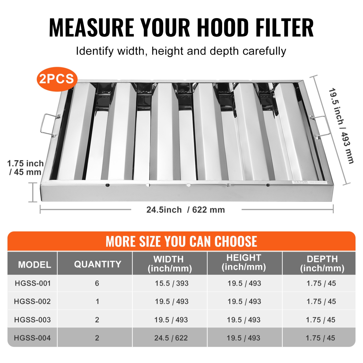 VEVOR 24.5W x 19.5H Commercial Hood Filter, Inch Range Hood Filters, Stainless Steel Restaurant Range Hood Baffle Filter for Grease Rated Commercial