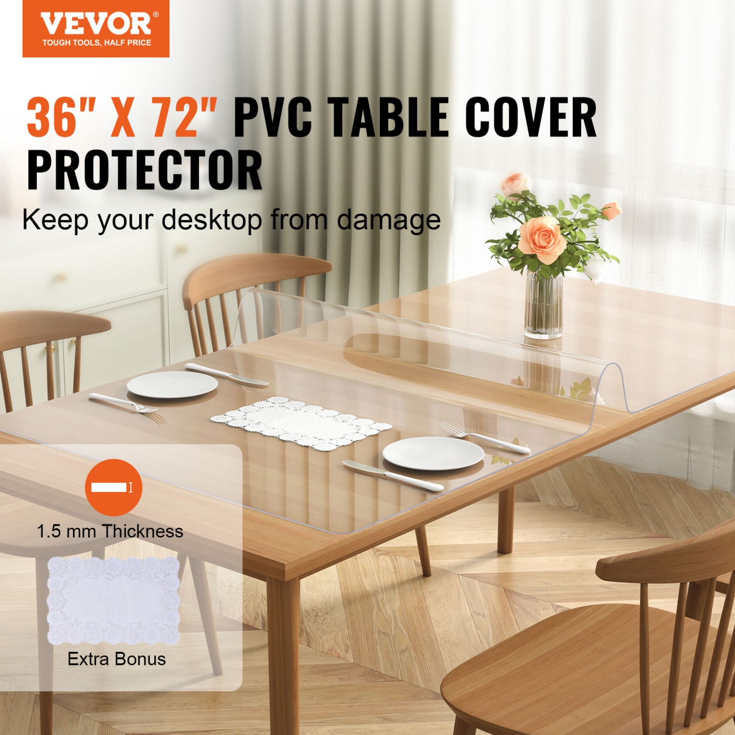 Housse de table transparente de 36 x 72&nbsp;po VEVOR, housse de table, nappe en plastique PVC épais 1,5&nbsp;mm, protecteur de bureau étanche pour
