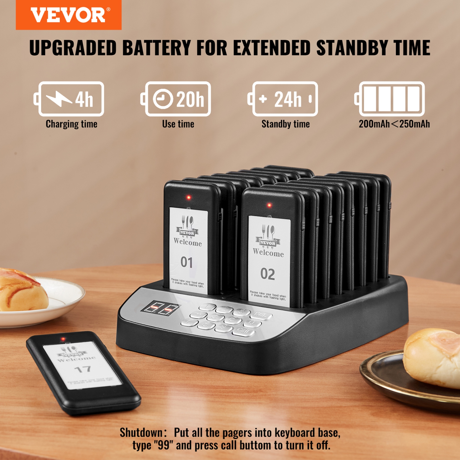 VEVOR 500m Restaurant Pager System, Wireless Long Range Lineup Waiting Queue Signal, Guest Customer Calling Beepers with Vibration & Flashing, 16