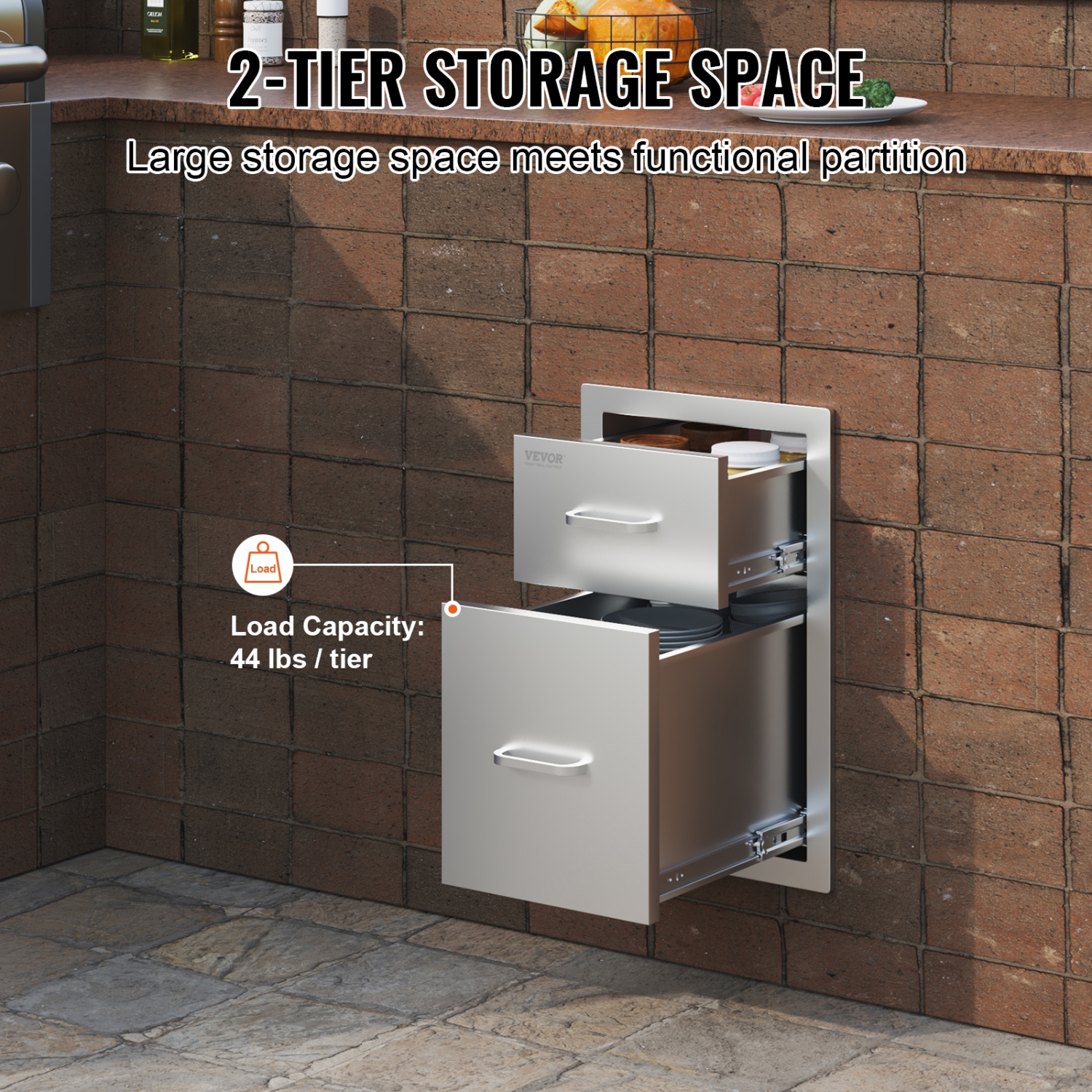 VEVOR 13"Wx20.4"Hx20.8"D Outdoor Kitchen Drawers, Flush Mount Double BBQ Access Drawers with Stainless Steel Handle, BBQ Island Drawers for Outdoor