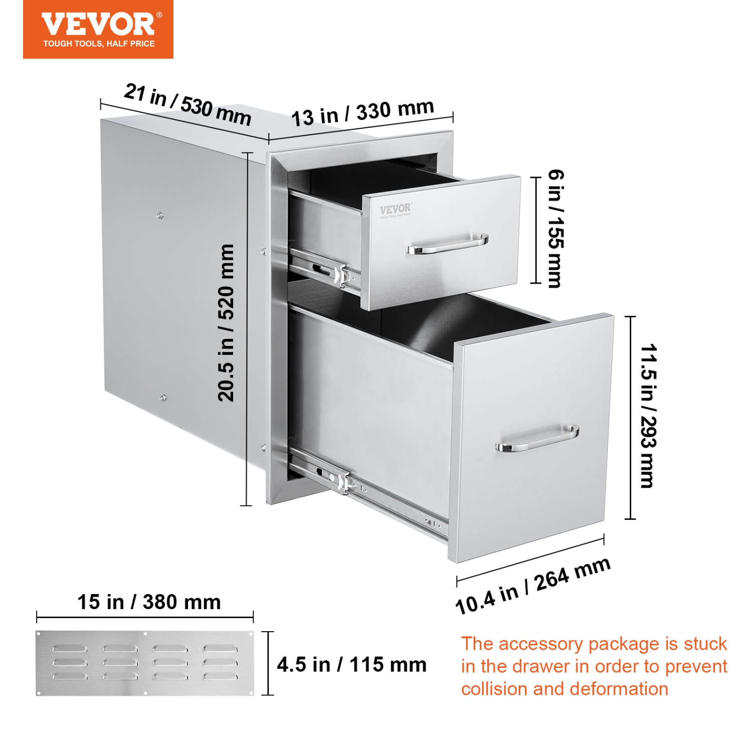 VEVOR 13"Wx20.4"Hx20.8"D Outdoor Kitchen Drawers, Flush Mount Double BBQ Access Drawers with Stainless Steel Handle, BBQ Island Drawers for Outdoor